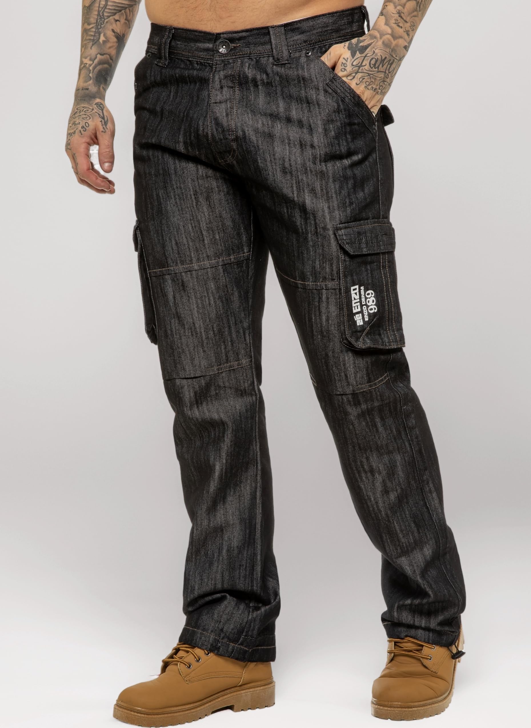 New ENZO Mens Designer Cargo Combat Blue Coated Denim Jeans Pants All Waist Size