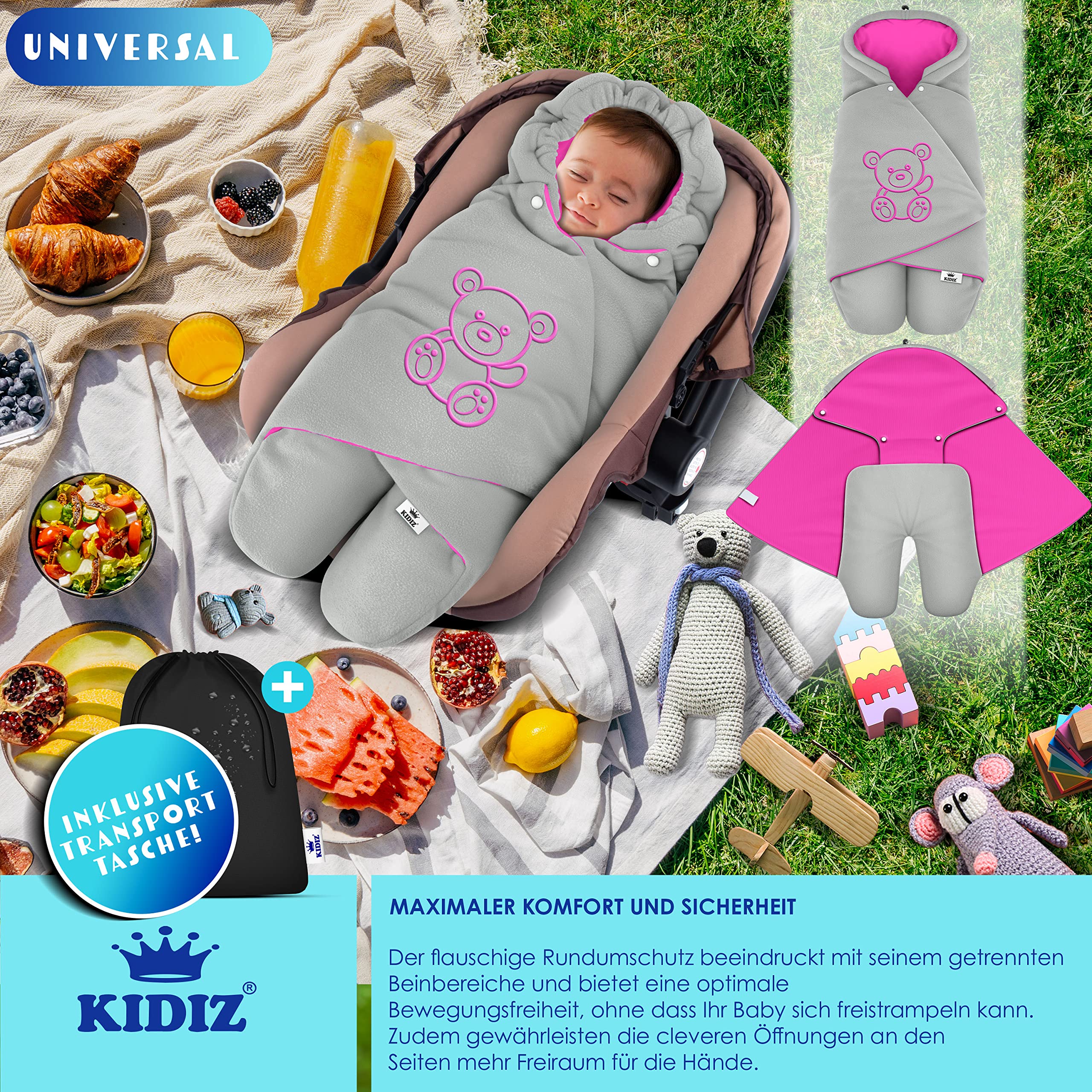 KIDIZ® Baby Einschlagdecke Babyschale Winter Herbst Babydecke mit Tasche Universal Fußsack kompatibel mit Maxi-Cosi, Römer, Buggy, Kinderwagen & Autositz isolierend gegen Wind, Nässe & Kälte