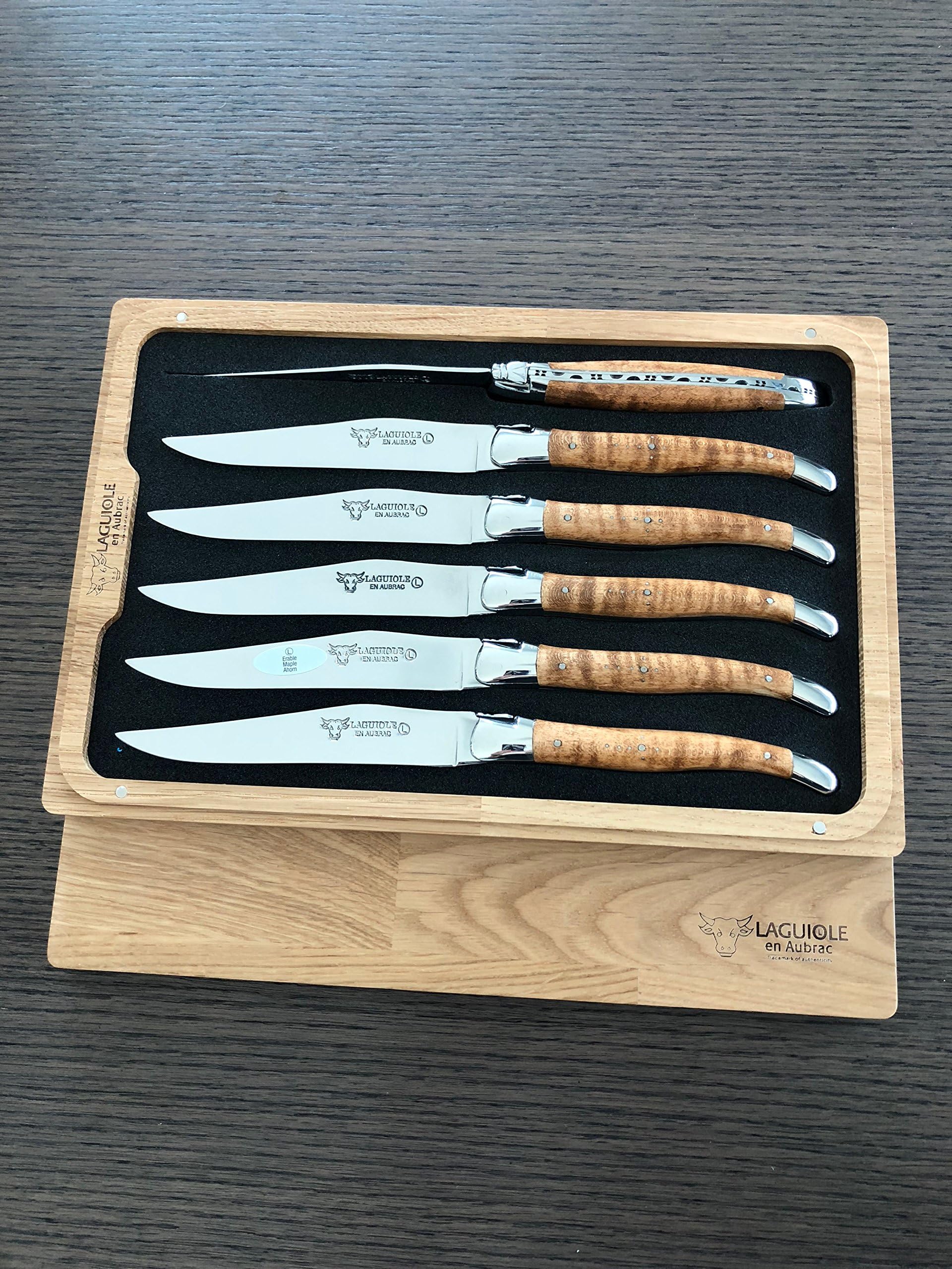 Laguiole en Aubrac Luxury Fully Forged Full Tang Stainless Steel Steak Knives 6-Piece Set with Wavy Maple Wood Handle, Stainless Steel Shiny Bolsters