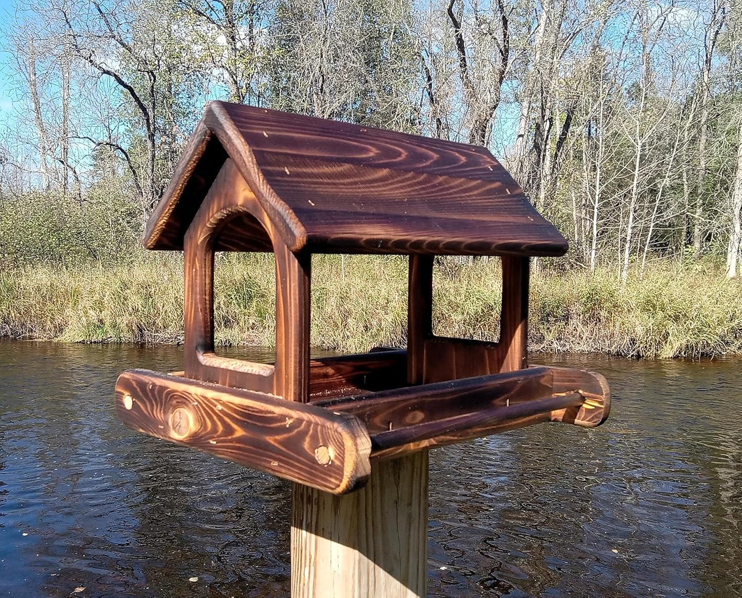 14 Inch Post Mount Cedar Wood Fly Through Platform Bird or Squirrel Feeder for Outdoors
