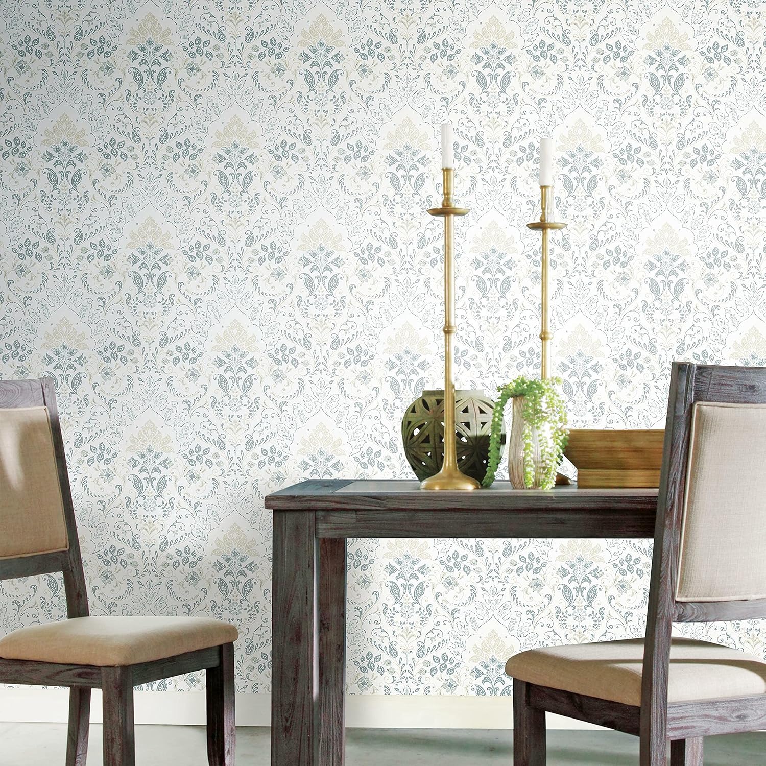 RoomMates RMK11998WP White and Blue Persian Damask Peel and Stick Wallpaper