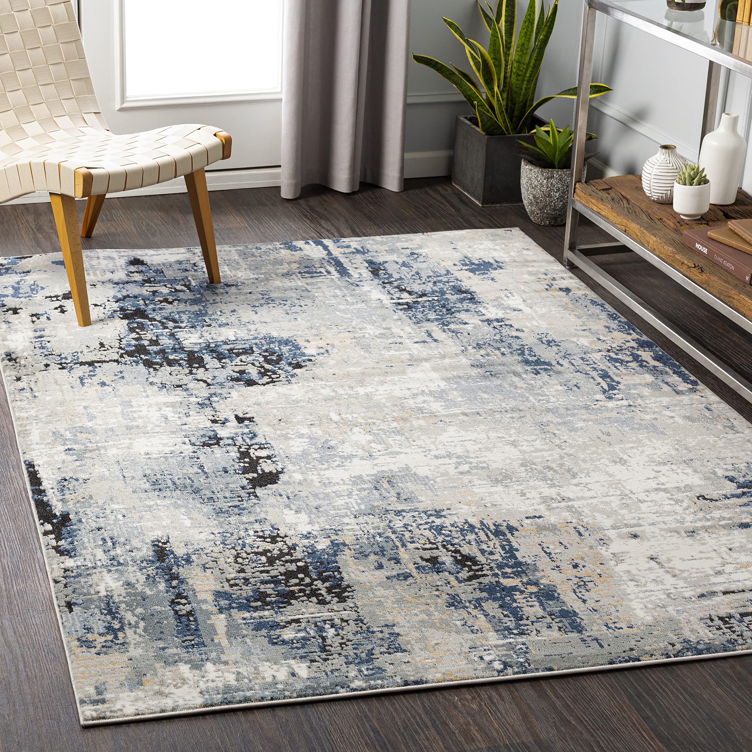 Livabliss Tapis Abstrait Paris pour Salon, Salle à Manger, Salon, Cuisine, Chambre à Coucher - Tapis Moderne à Poils Moyens - Doux et Luxueux - Facile d'entretien - Bleu, Gris et Beige - 160 x 220 cm