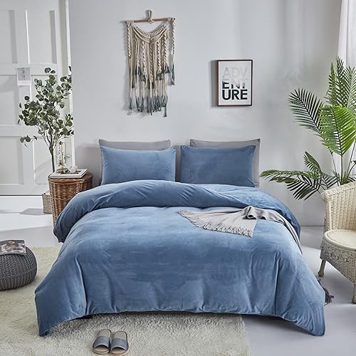 Miniatura 5 de Wellboo - Juego de edredón de terciopelo color azul tamaño king, colcha mullida de microfelpa de algodón unicolor azul niebla para mujeres y hombres