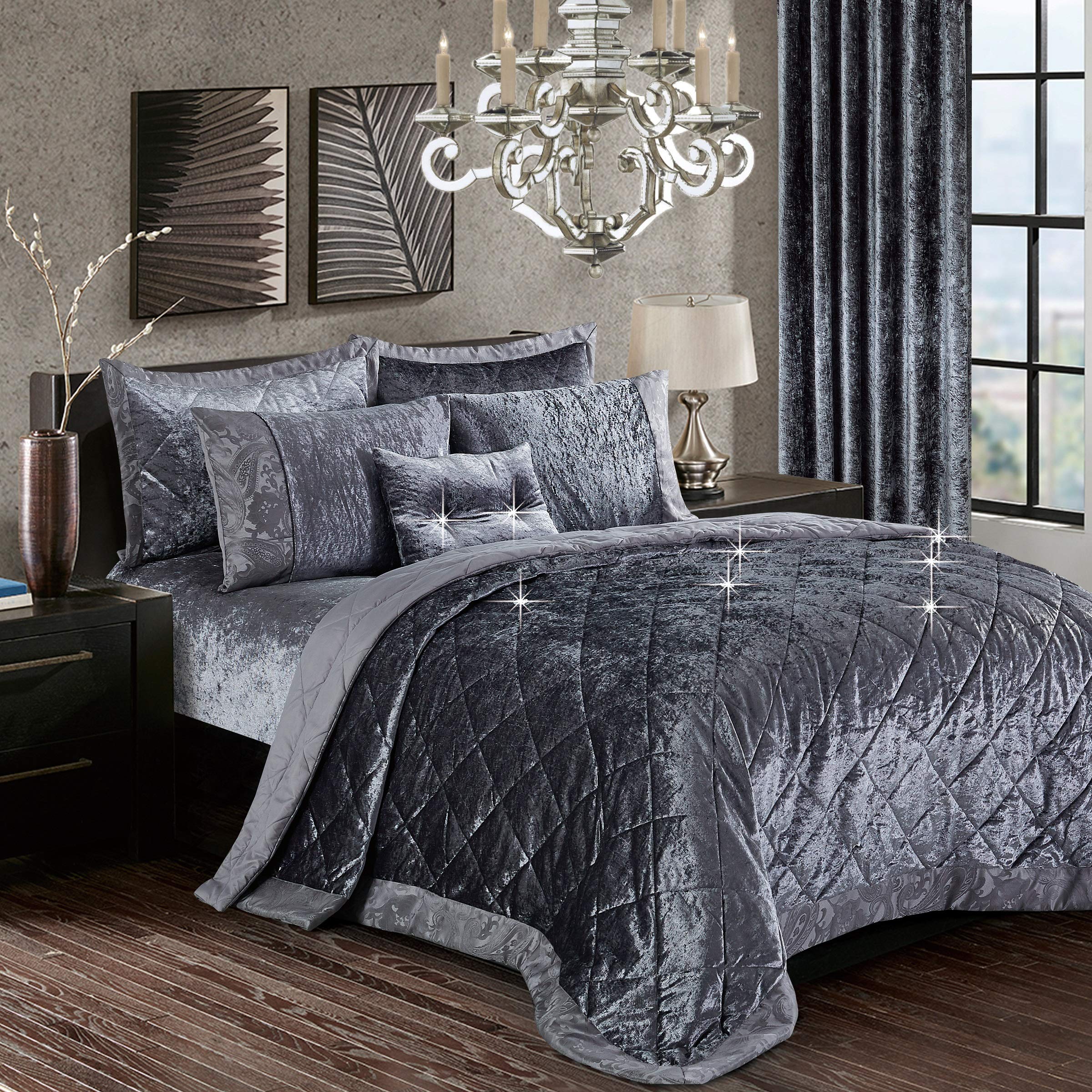 Thl Santiago-B/S-Grey 3 Pieces Crushed Velvet King Bedspread Greycomforters Bedding Set Bed Throw With 2 Pillow Shams
