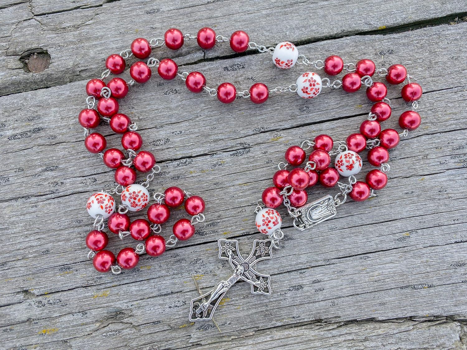 Nazareth Store Pearl Beads Rosary White Flowers Beaded Necklace Lourdes Medal & Cross Crucifix
