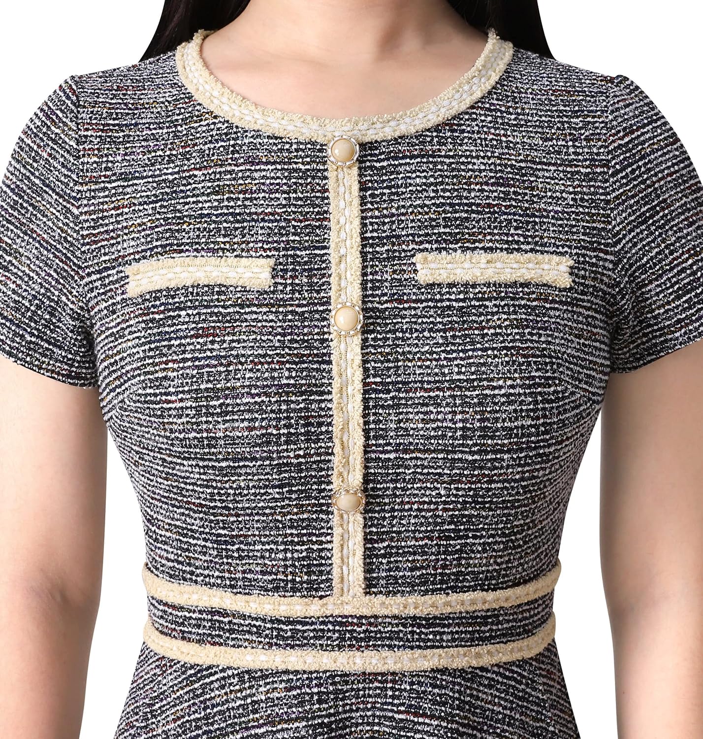 VFSHOW Womens Buttons Pockets Office Business A-Line Dresses Short Sleeve Work Crew Neck Tweed Trim Fit and Flare Swing Dress - Image 2