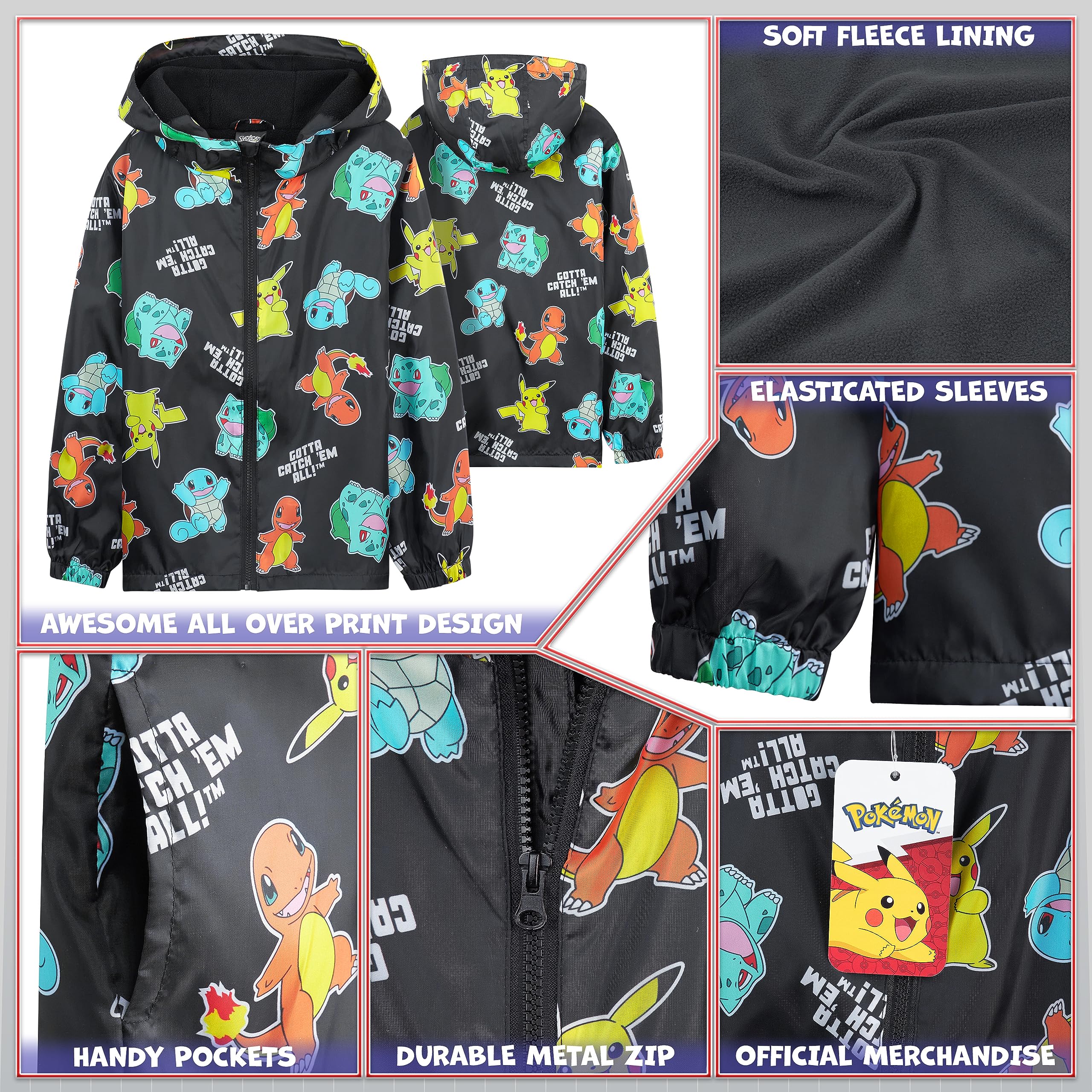 Pokémon Impermeable Enfant Garcon, Veste de Pluie Enfant Doublure en Polaire, Vêtement de Pluie Enfant Ado 4-14 Ans