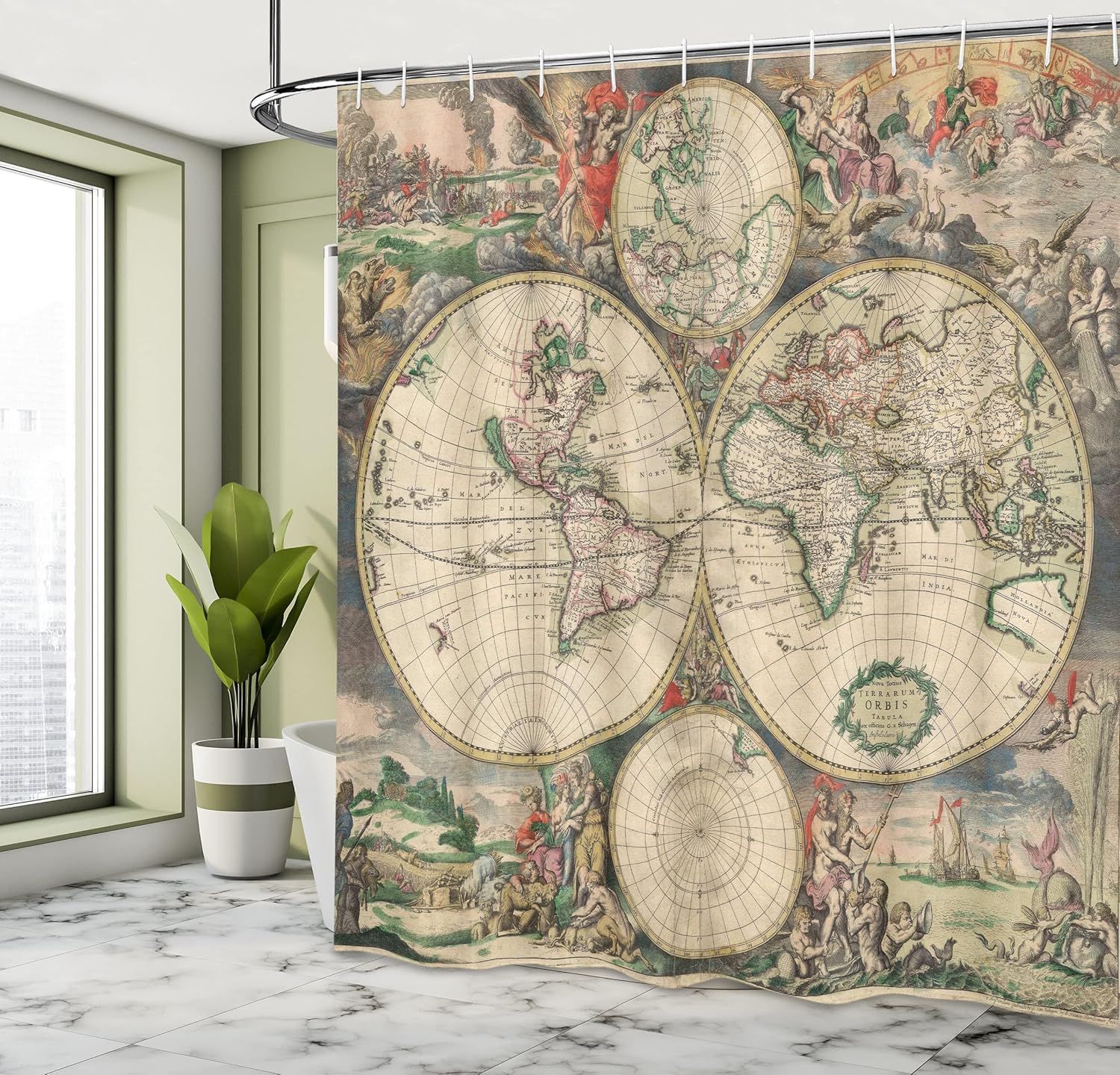 Ambesonne World Map Shower Curtain, Antique Design with Renaissance Continents and Hemispheres Vintage Art, Cloth Fabric Bathroom Decor Set with Hooks, 69" W x 70" L, Eggshell Green