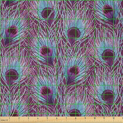 Miniatura 2 de Ambesonne The Yard, tela de plumas de pavo real, diseño retro ondulado de colores ondulados en la parte trasera morada, tela de microfibra para