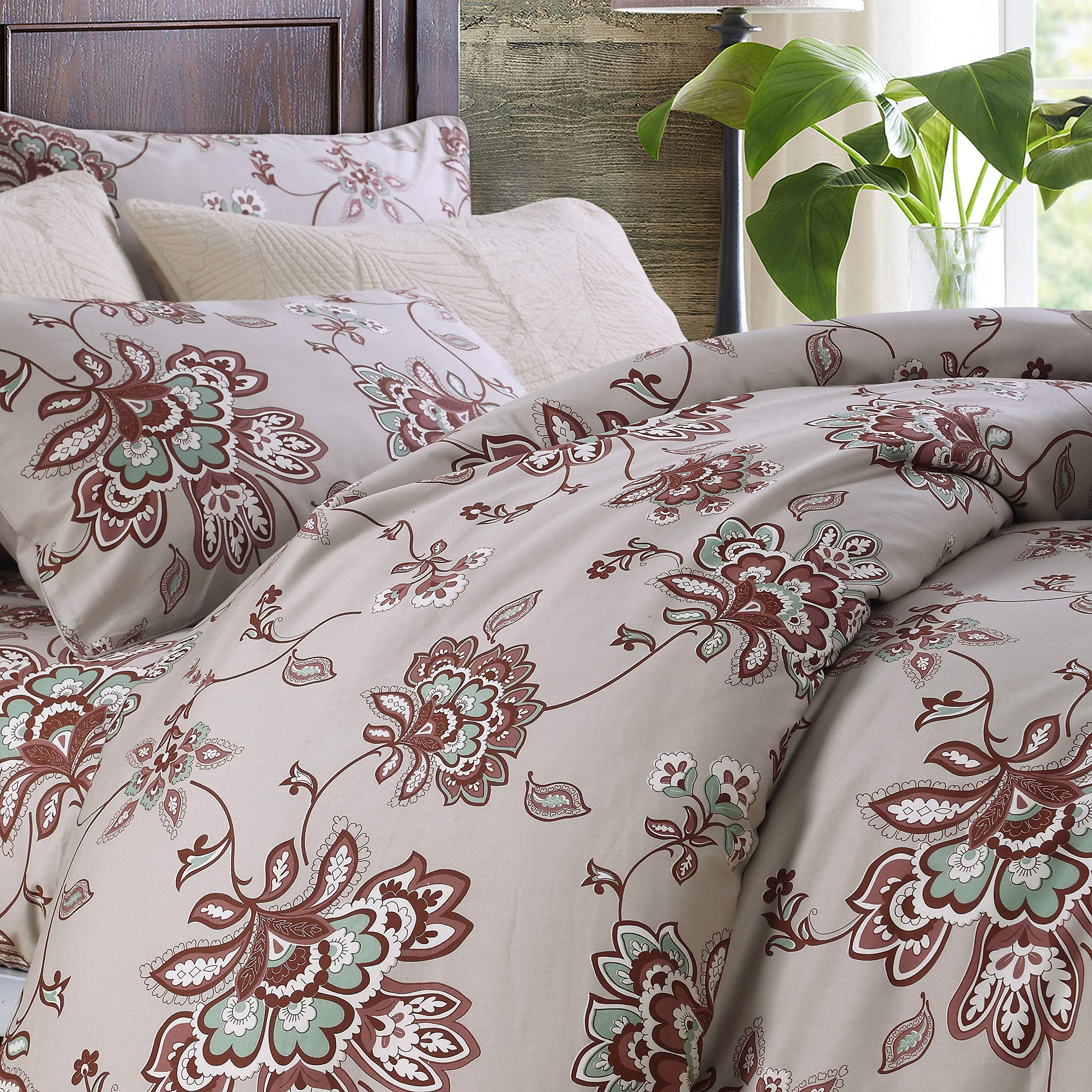 USTIDEKing Floral Taupe Bedding Set 3 Pieces Farmhouse Duvet Cover Set Cozy Cotton Bedding Set All Season Duvet Set with 2 Pillowcases,Classic Home Collection