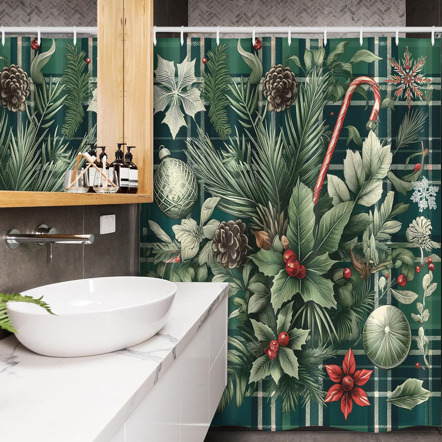 Ambesonne Christmas Stall Shower Curtain, Candies Plaid Backdrop Toyon Xmas Berries Snowflakes Illustration, Fabric Bathroom Decor Set with Hooks, 54" W x 78" L, Jade Green and Vermilion