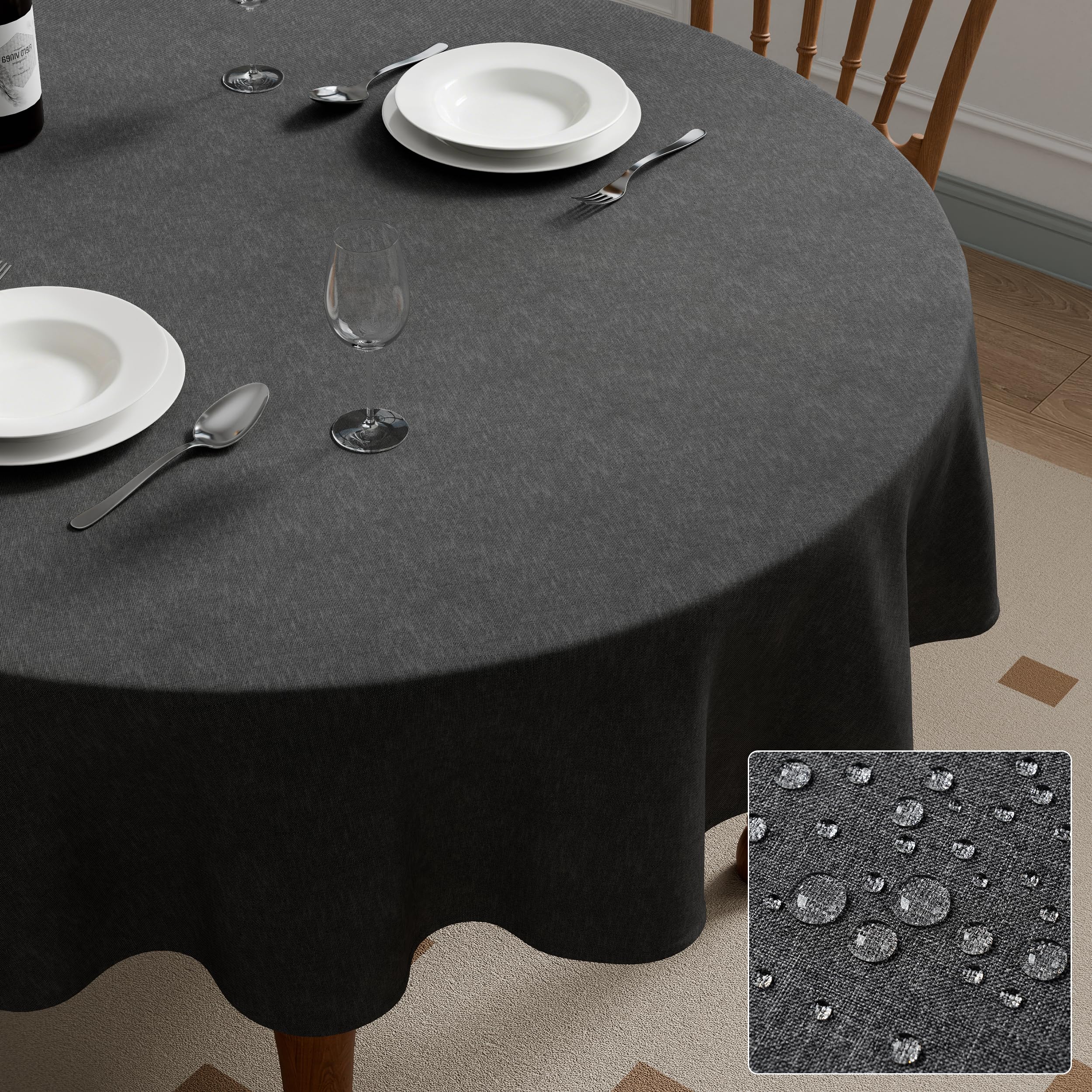 Roerf Round Tablecloth 140cm(55inch), Dark Grey Faux Linen Spill-Proof Wipeable Water Resistant Table Cover for Dining Kitchen Garden Indoor Outdoor, 55x95inch