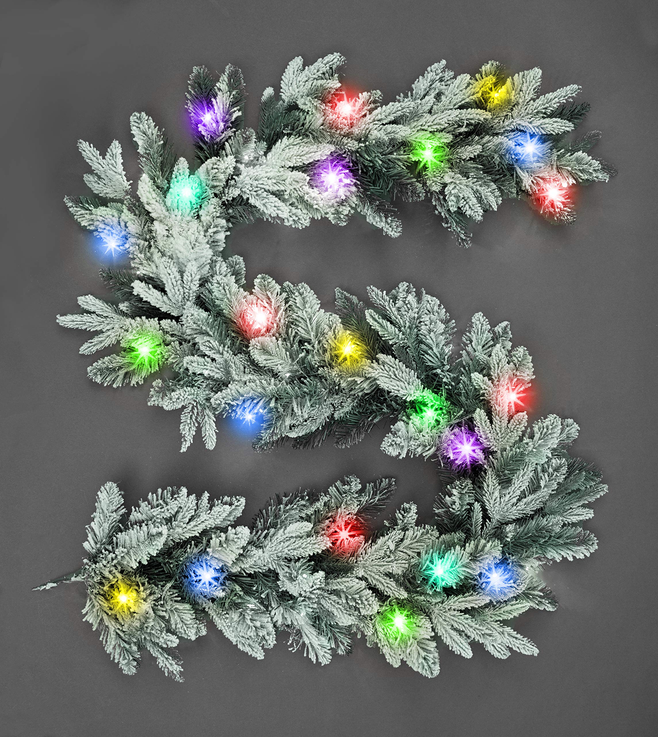 Shatchi Snow Flock W/Multicolour 2M/200Cm Pre-Lit Christmas Garland Lapland Fir For Fireplaces Home Wall Door Stair Snow Flock Artificial Xmas Tree Garden Yard Decorations With 50 Leds