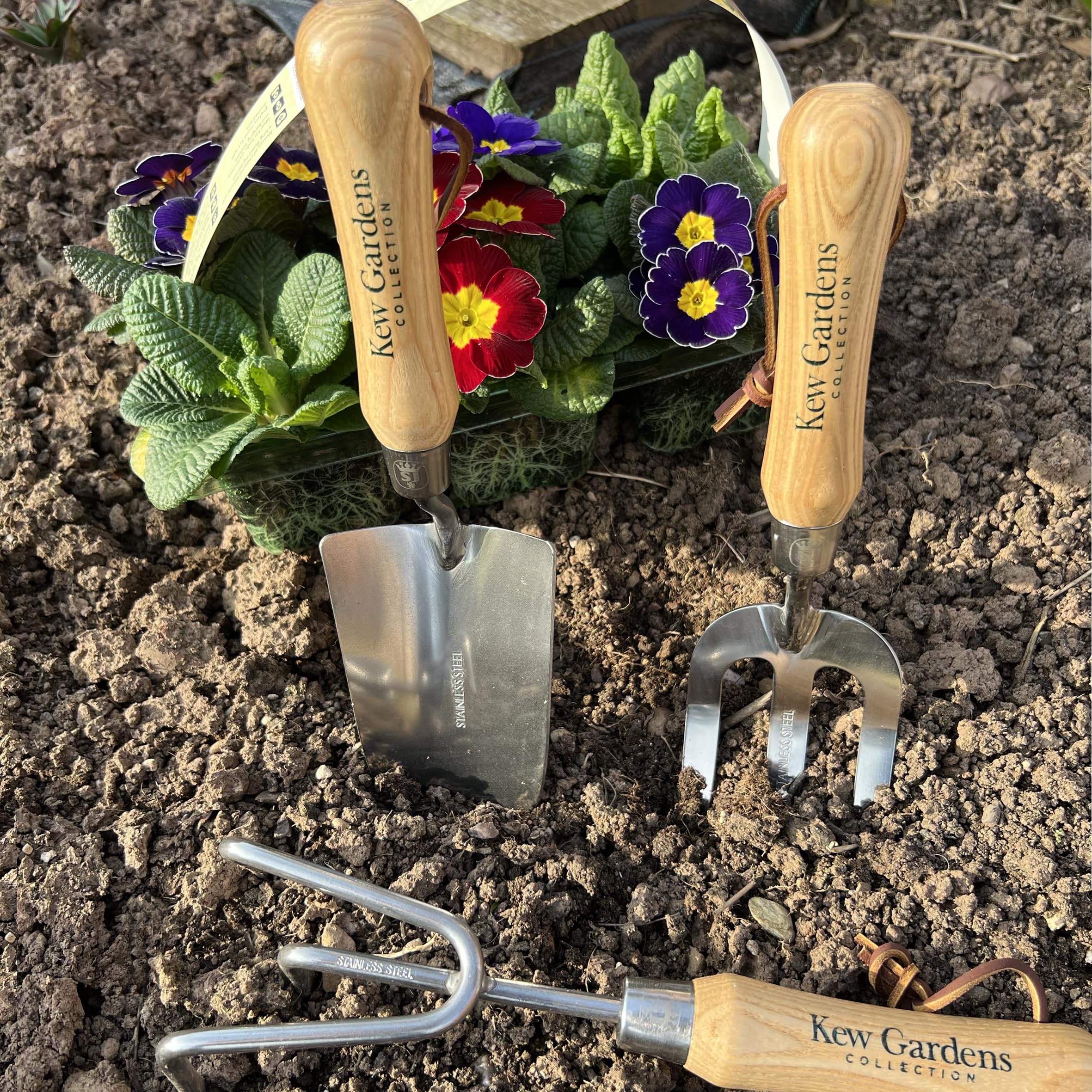 Spear & Jackson 3057KEW Coffret Cadeau d’Outils de Jardin Kew Gardens – 3 pièces – transplantoir, Fourche à désherber et cultivateur avec Manches en Bois FSC et têtes en Acier Inoxydable Poli Miroir