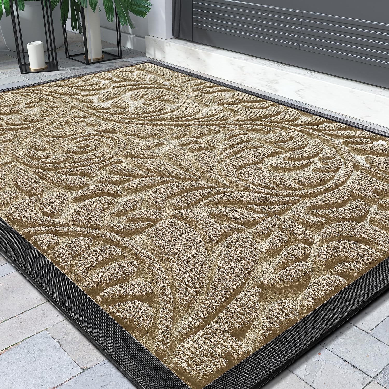 Yimobra Sturdy Door Mat, Heavy Duty Front Welcome Mats for Home Entrance Outdoor Indoor, Doormat for Outside Back Patio Floor Entry Porch Garage Office, Weather Resistant Easy Clean, 36 x 24, Beige