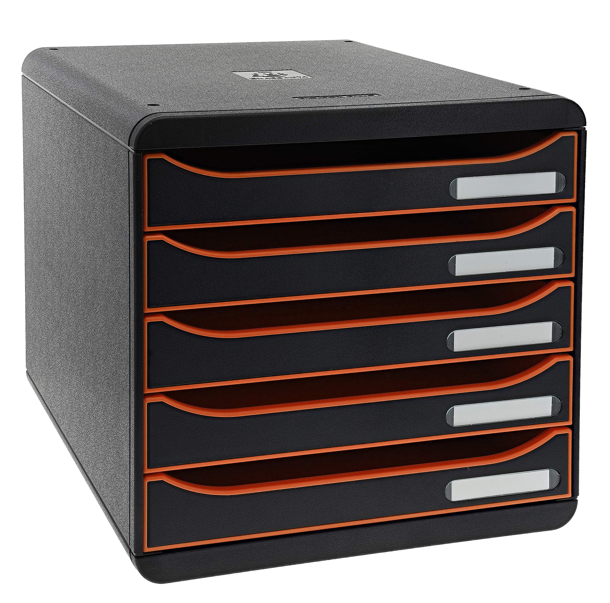 Exacompta 309988D - Módulo individual con 5 cajones para documentos A4+, ultra-rígido, cajones abiertos, con stop de seguridad - 347x278x271 mm - BIG-BOX PLUS -Negro/Naranja/negro
