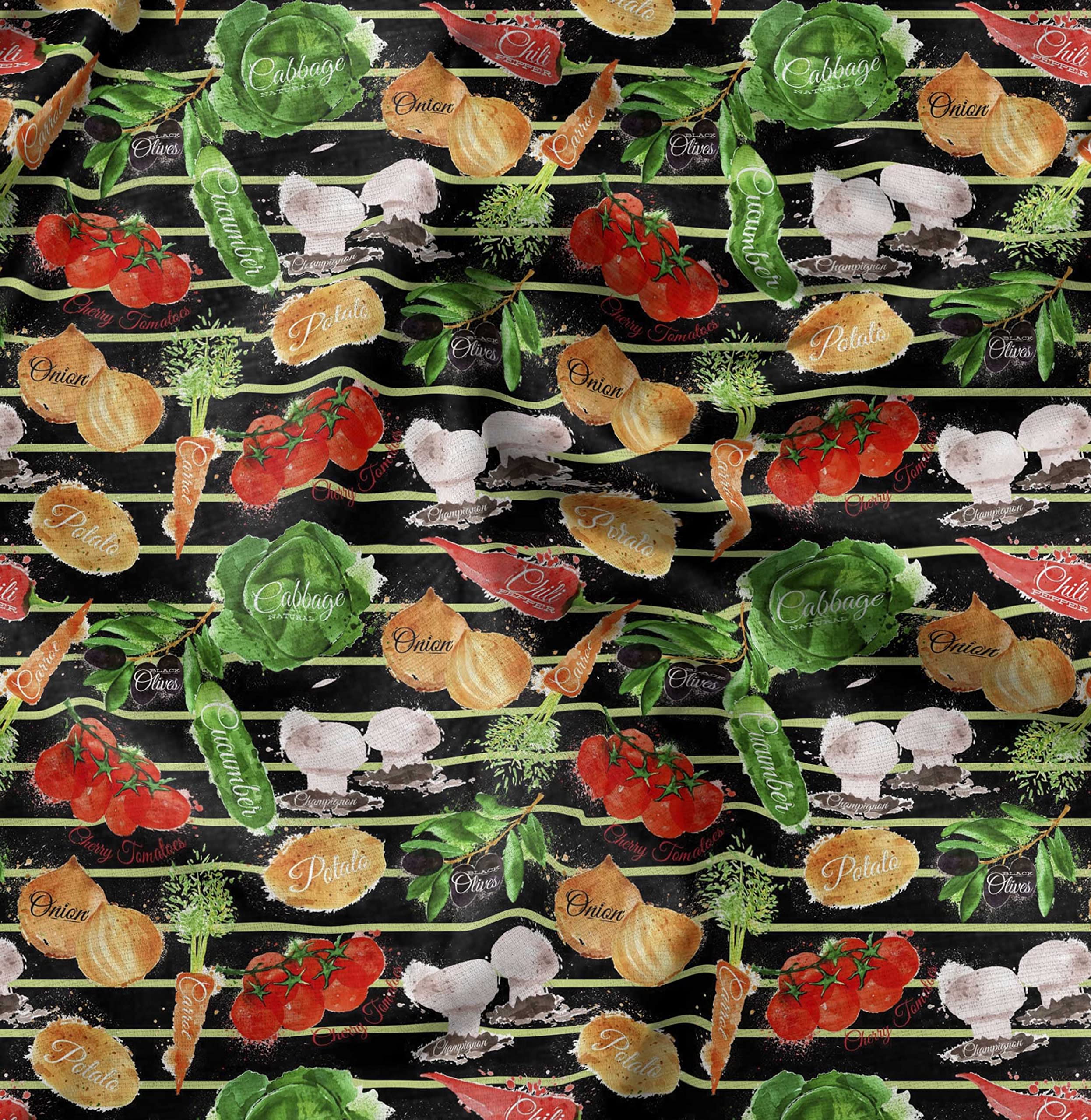 Soimoi Black Velvet Fabric Stripe & Mixed Veggies Vegetable Printed Craft Fabric by The Meter 60 Inch Wide