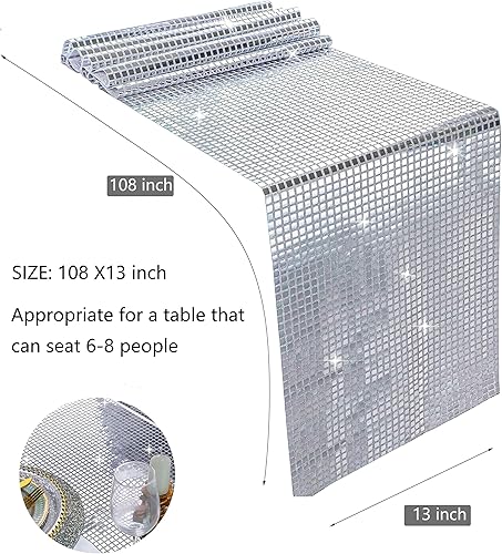 Miniatura 4 de Snowkingdom Camino de mesa de discoteca con purpurina de 13 x 108 pulgadas, espejo plateado, camino de mesa retro de los años 70 y 80, decoración de