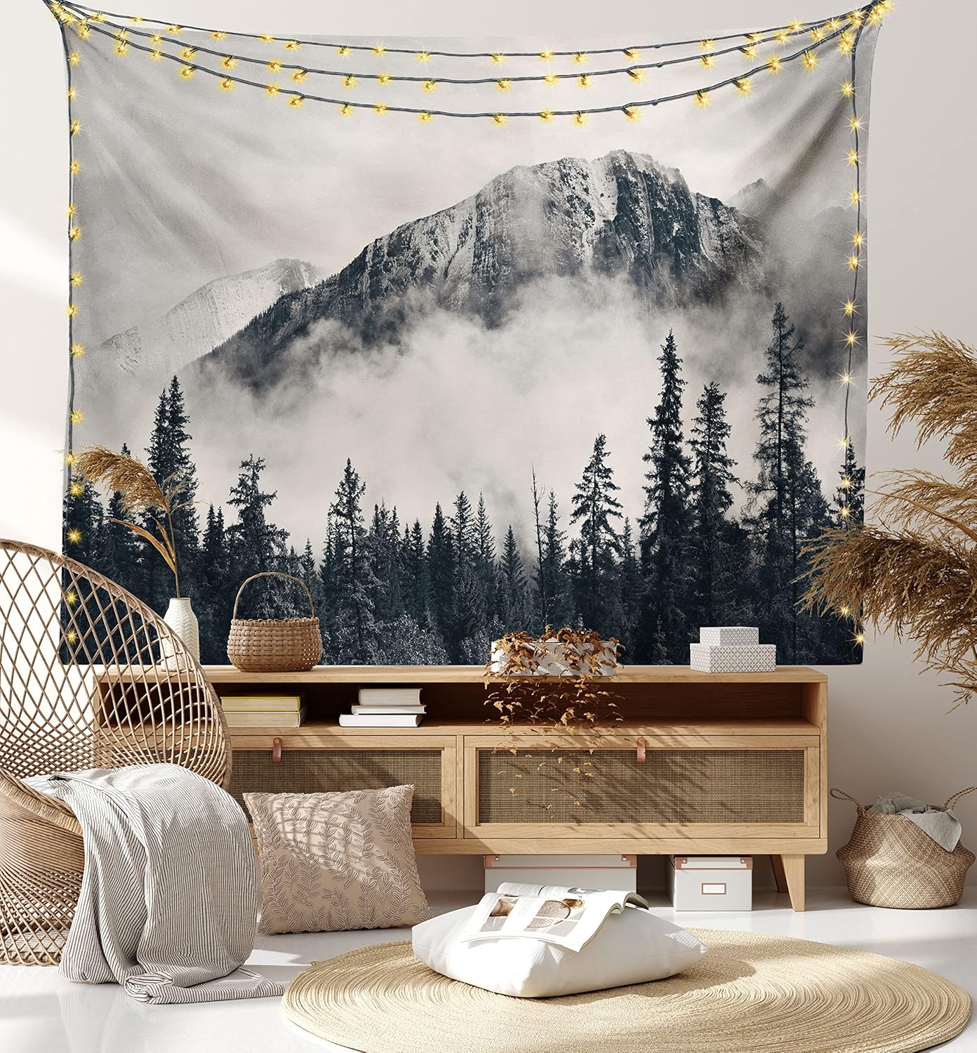 National Parks Home Decor Tapestry by Ambesonne, Canadian Smokey Mountain Cliff Outdoor Idyllic Photo Art, Wall Hanging for Bedroom Living Room Dorm, 60WX40L Inches, Black and White