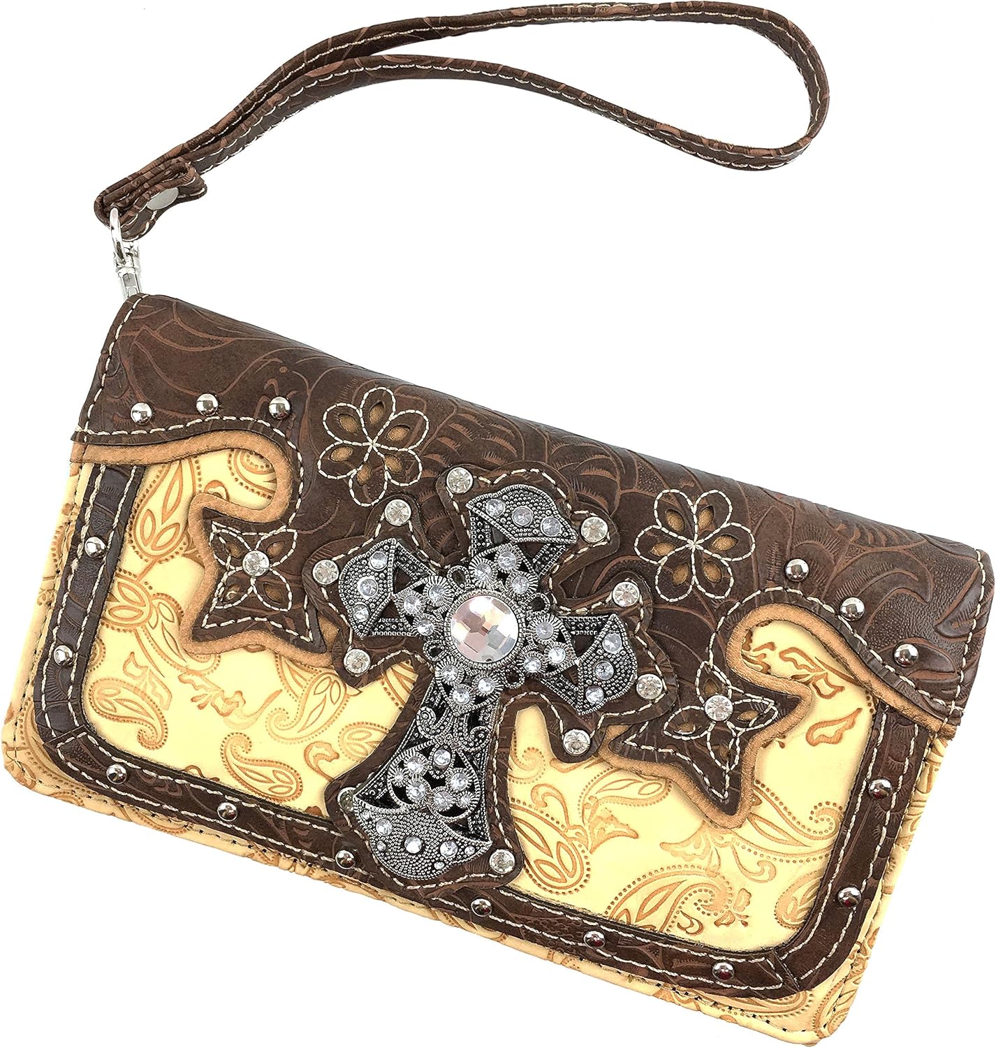 Justin West Paisley Embroidery Floral Tooled Leather Rhinestone Cross Shoulder Concealed Carry Handbag Purse