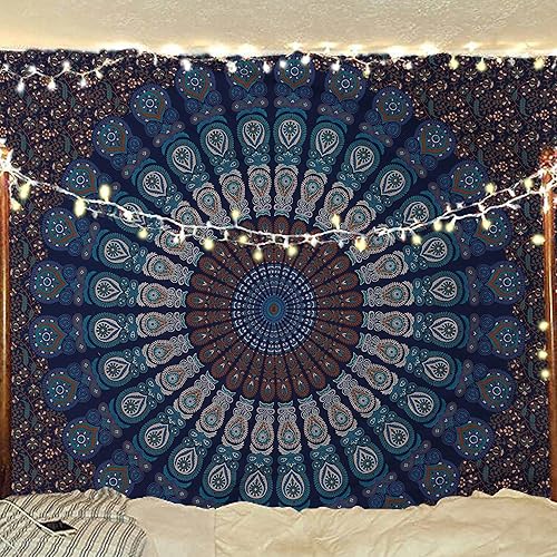 Miniatura 76 de Tapiz hippie indio bohemio psicodélico dorado mandala de pavo real azul dorado para colgar en la pared (dorado floral, individual (54 x 72 pulgadas)