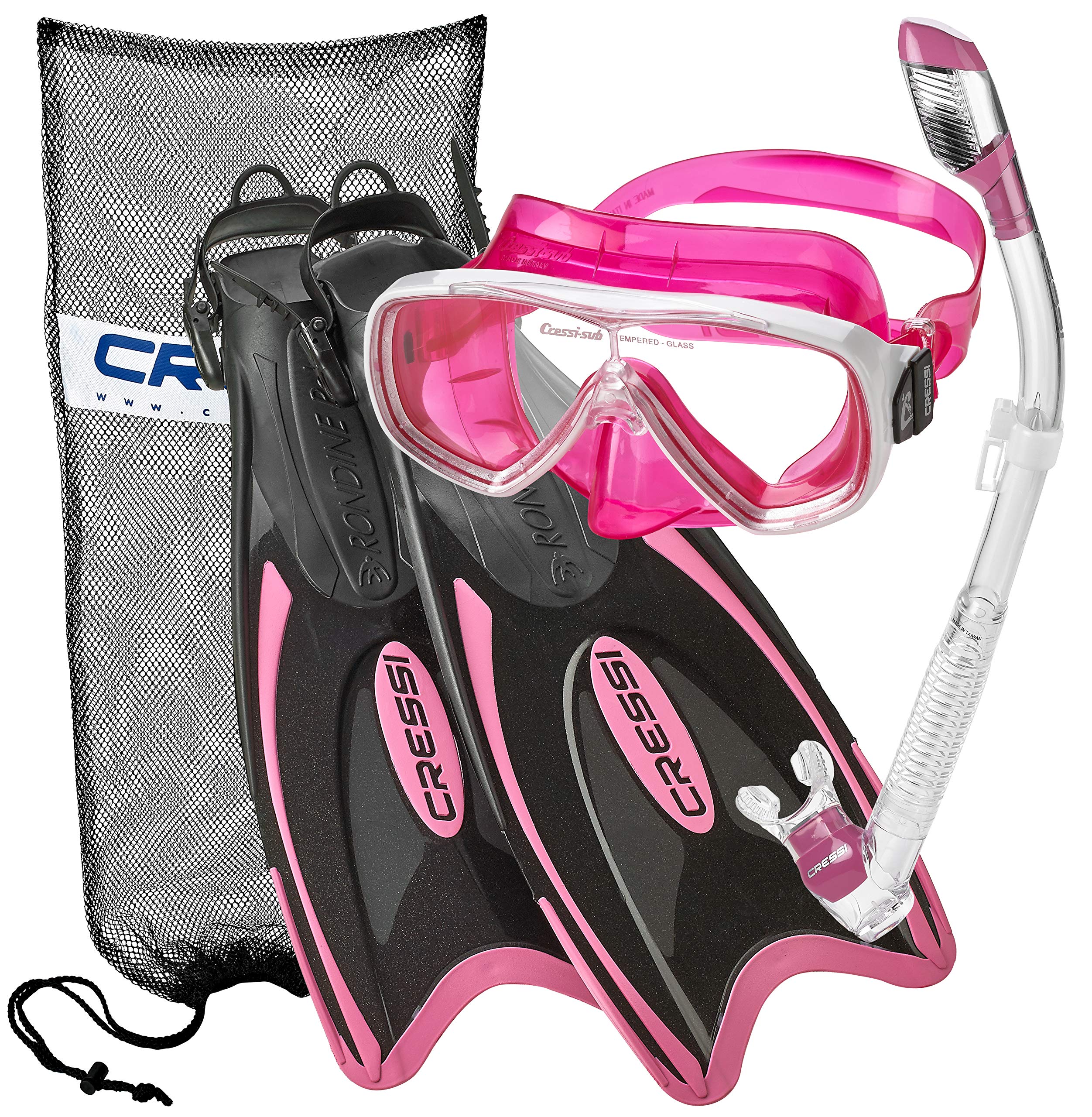 Cressi Italian Design Colorama Collection - Palau Long Self Adjustable Snorkeling Fin - Purge Dry Top Snorkel - Onda Tempered Glass Mask - Travel Friendly Mask Fin Snorkel Set