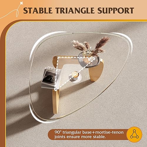 Miniatura 4 de WLIVE Mesa auxiliar, mesa de centro pequeña de cristal con patas de madera maciza, mesas triangulares de mediados de siglo de 32.7 pulgadas, mesa