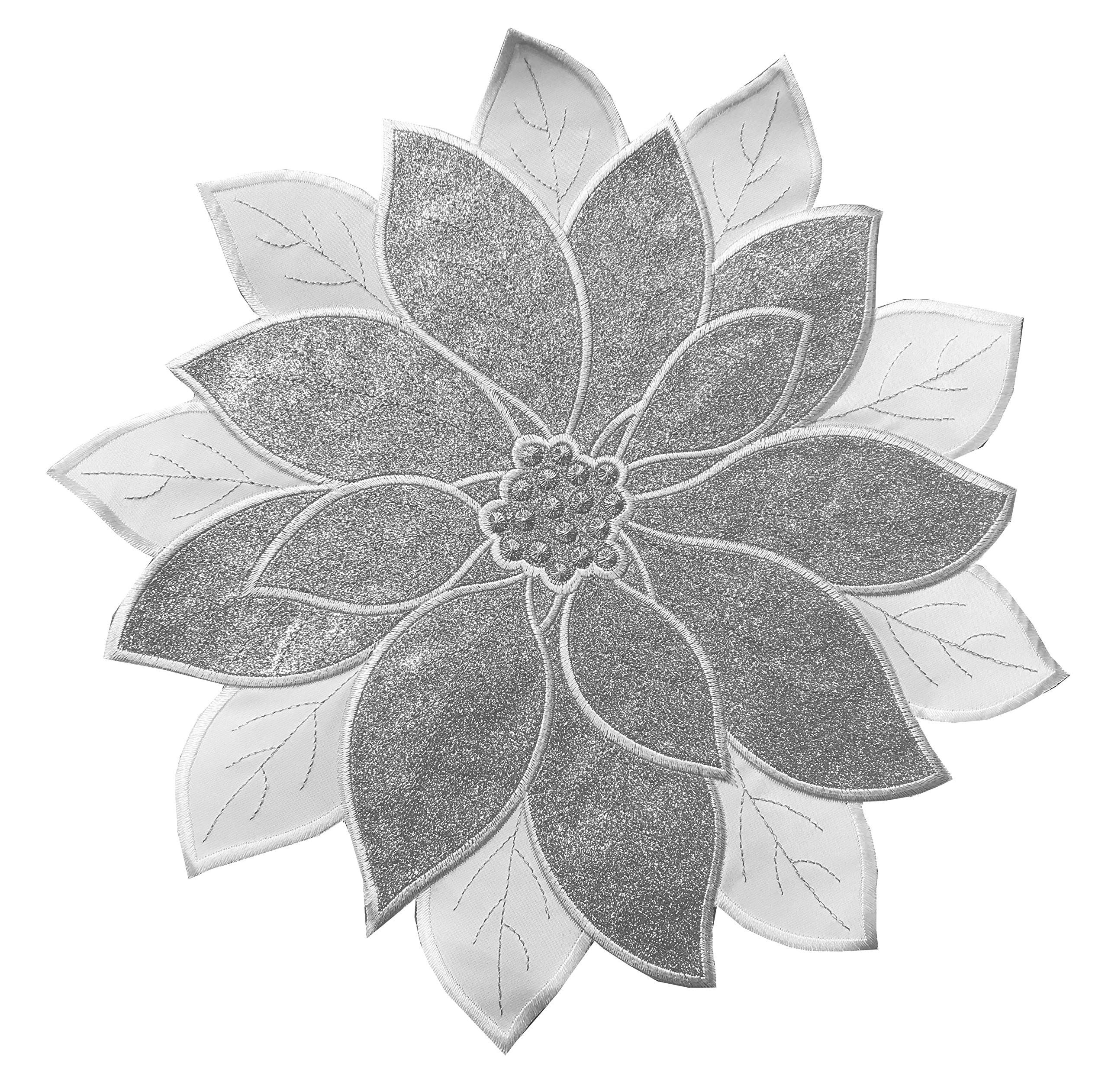 Christmas Poinsettia Shaped Table 14" Round Charger Doily Embroidered Holiday Decoration Decor (Silver, 14" Round Charger/Doily - Set of 4)