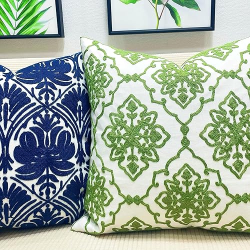Miniatura 7 de Fundas para almohadones pequeños, decorativas, bordadas, de algodón, 18 x 18 pulgadas, Algodón, Flor de Bohemia Verde, 18 x 18 pulgadas