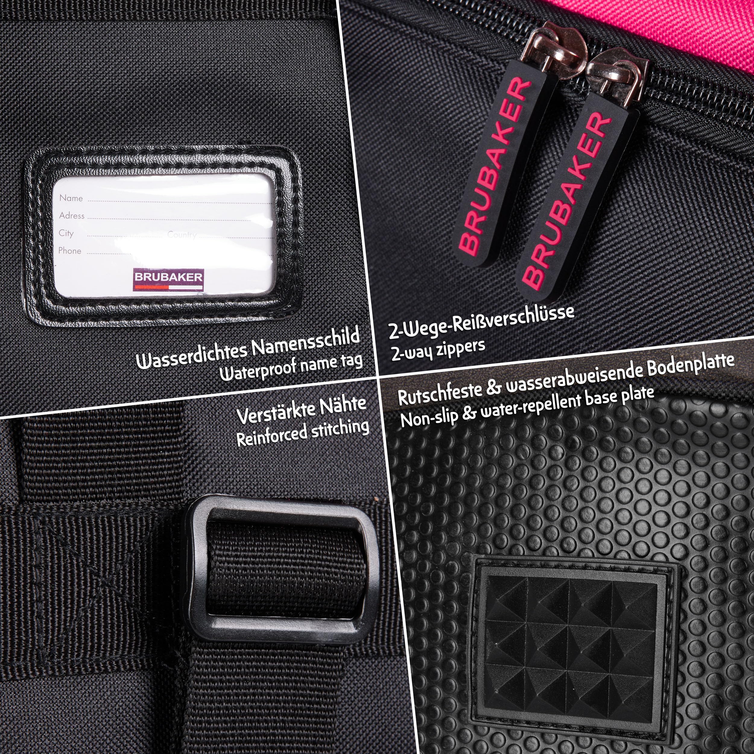 BRUBAKER Ski Kombi Set - Carver PRO - Skisack und Skischuhtasche für 1 Paar Ski 170 cm oder 190 cm + Stöcke + Schuhe + Helm - Rucksack Taschen Set für Skifahrer - Schwarz Pink