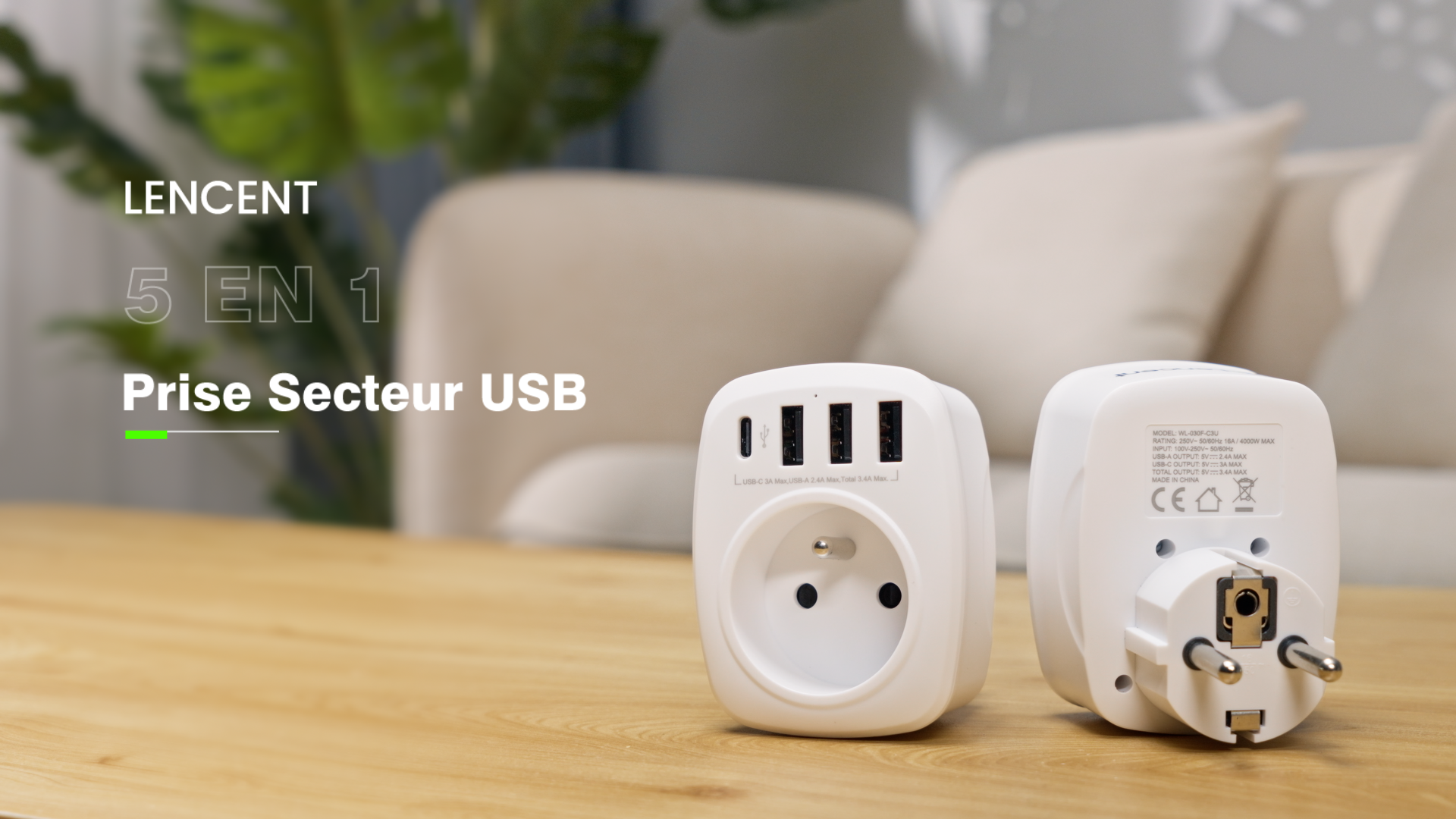 Multiprise Avec 1 Prise AC, 1 USB-C Et 3 USB-A - Chargeur Mural Compact, Blanc
