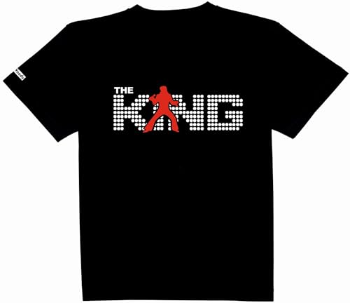 The King, Camiseta Negra Manga Corta Diseño Musical con Silueta Roja, Negro, Estilo Retro (FR/ES, Letras, L, Regular, Regular, Negro)