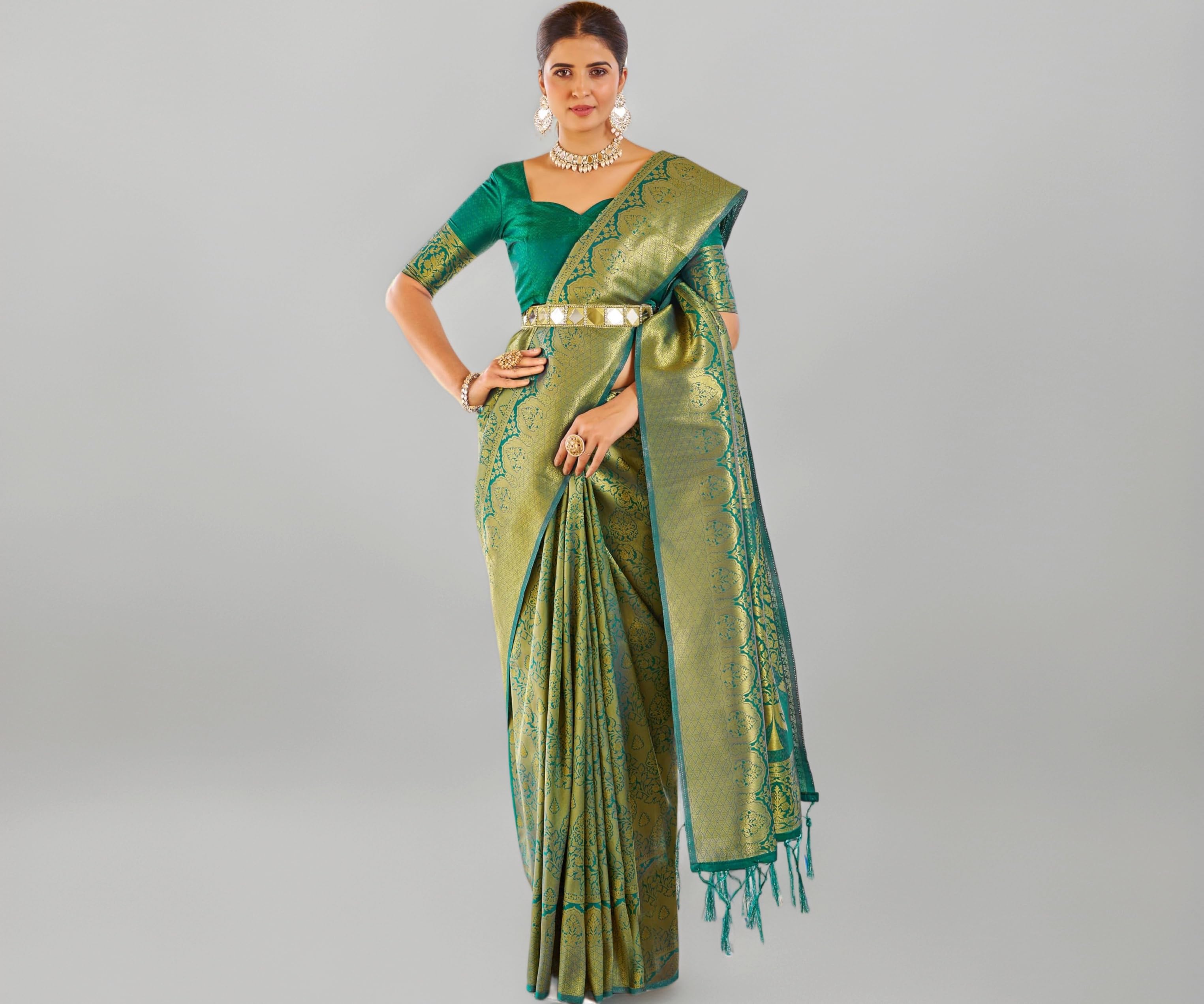 SWORNOF Womens Kanjivaram Soft Silk Saree Patola saree With Blouse Piece (GREEN-2)