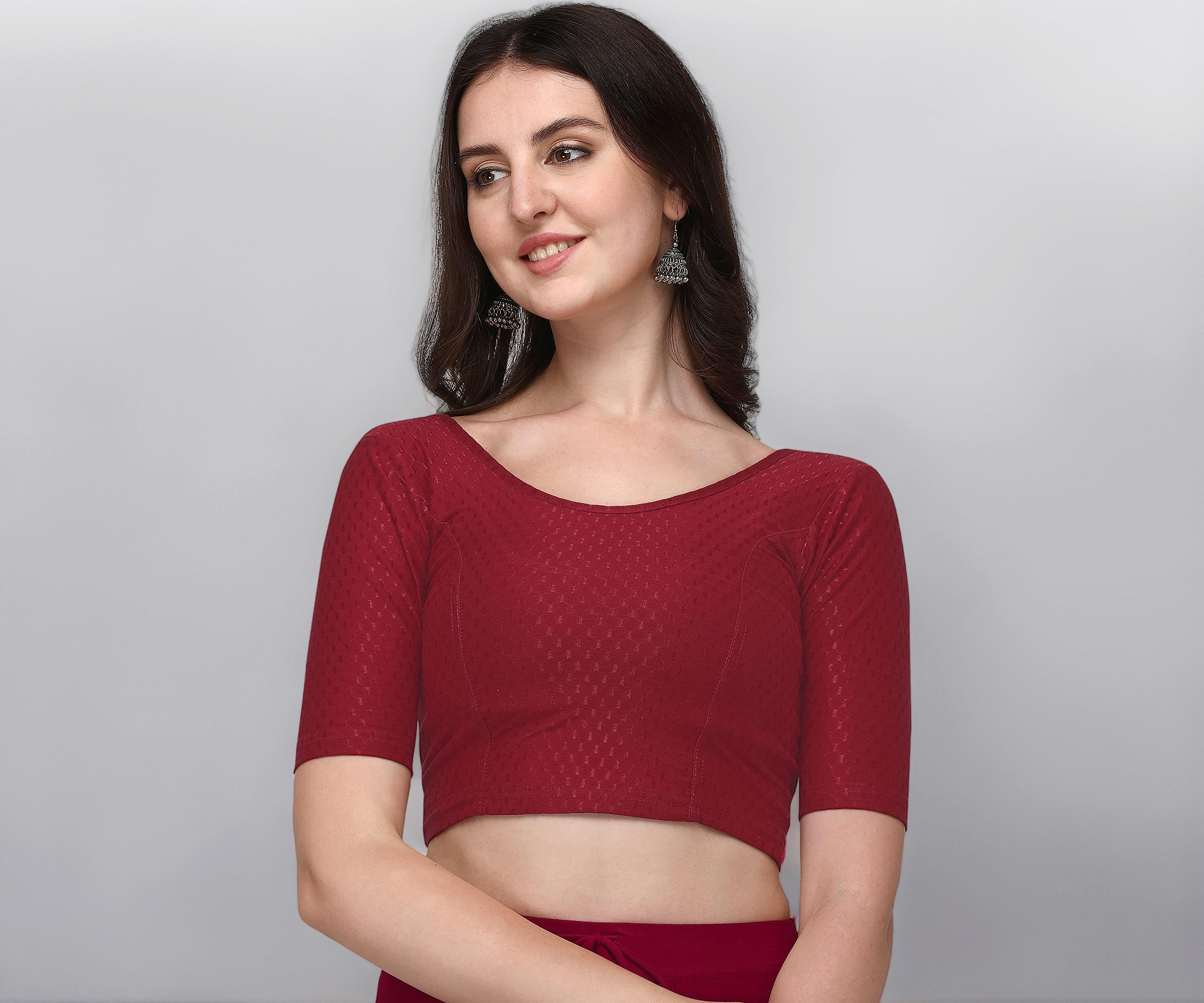 Shiv Textiles Round Neck Dobby Cotton Lycra Stretchable Elbow Sleeve Readymade Saree Blouse for Women Stylish (MaroonOver Size)