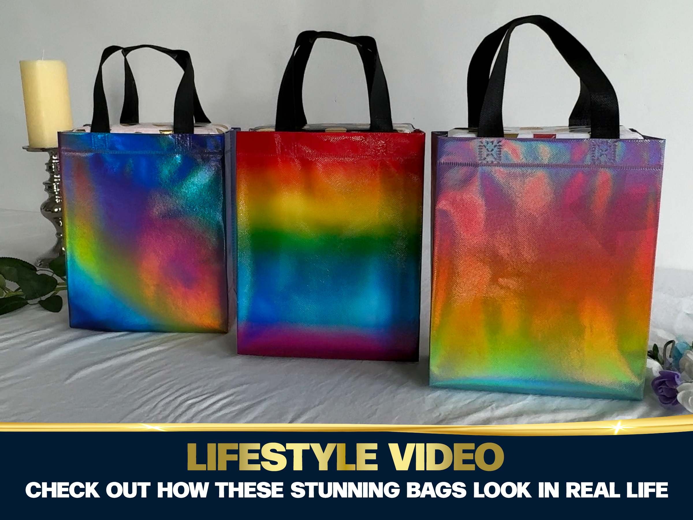 Nush Nush Rainbow Gift Bags in 3 Colorful Design - Set of 12 Reusable Gradient Gift Bags With Handles - Ideal Goodie Bag for Birthday Party Favors, Thanksgiving, Holiday, Kids Party - 8"x4"x10"