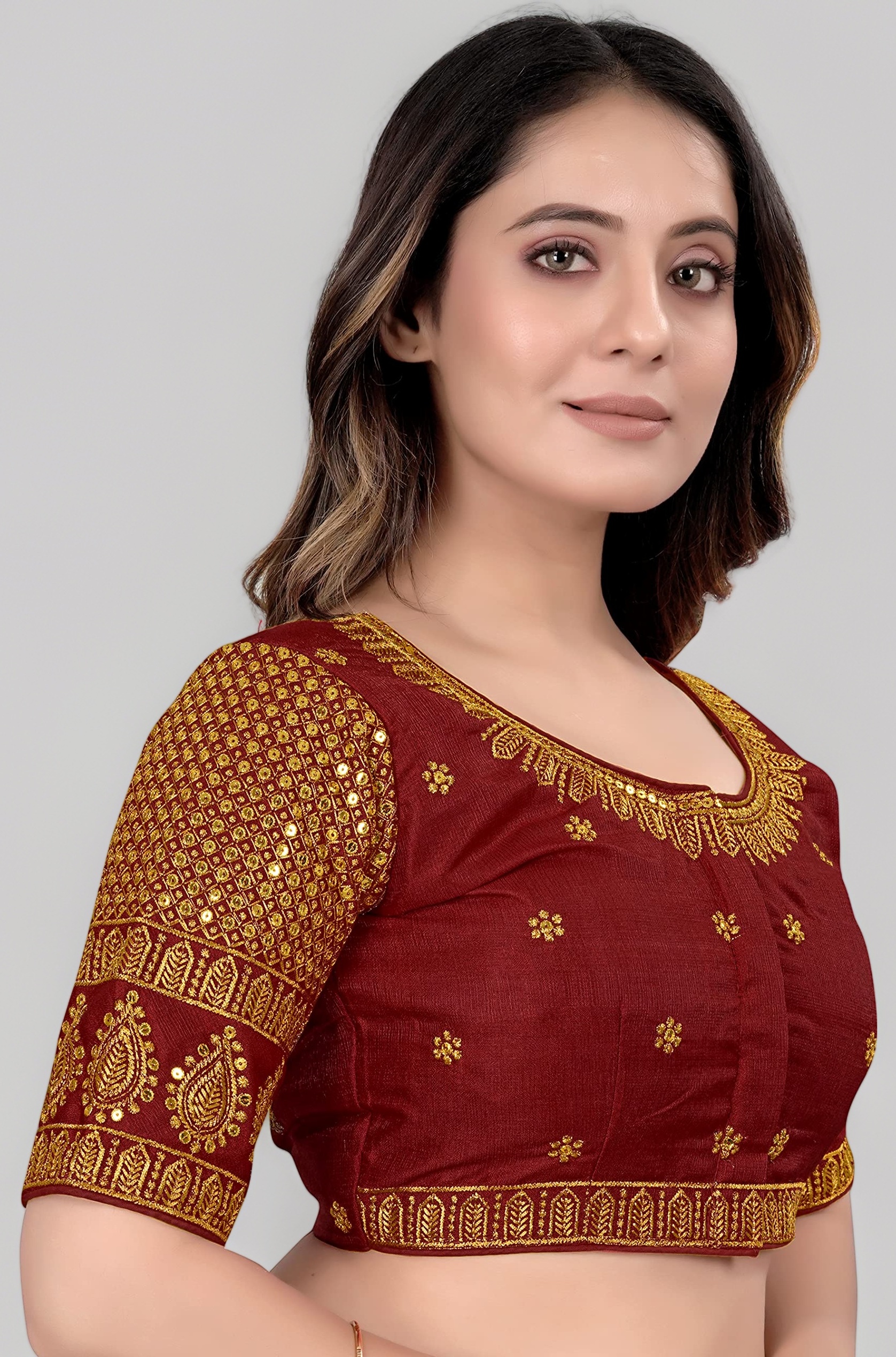 Pujia Mills Women's Art Silk Embroidery Blouse - Half Sleeve Readymade Saree Blouse With Sequence Work