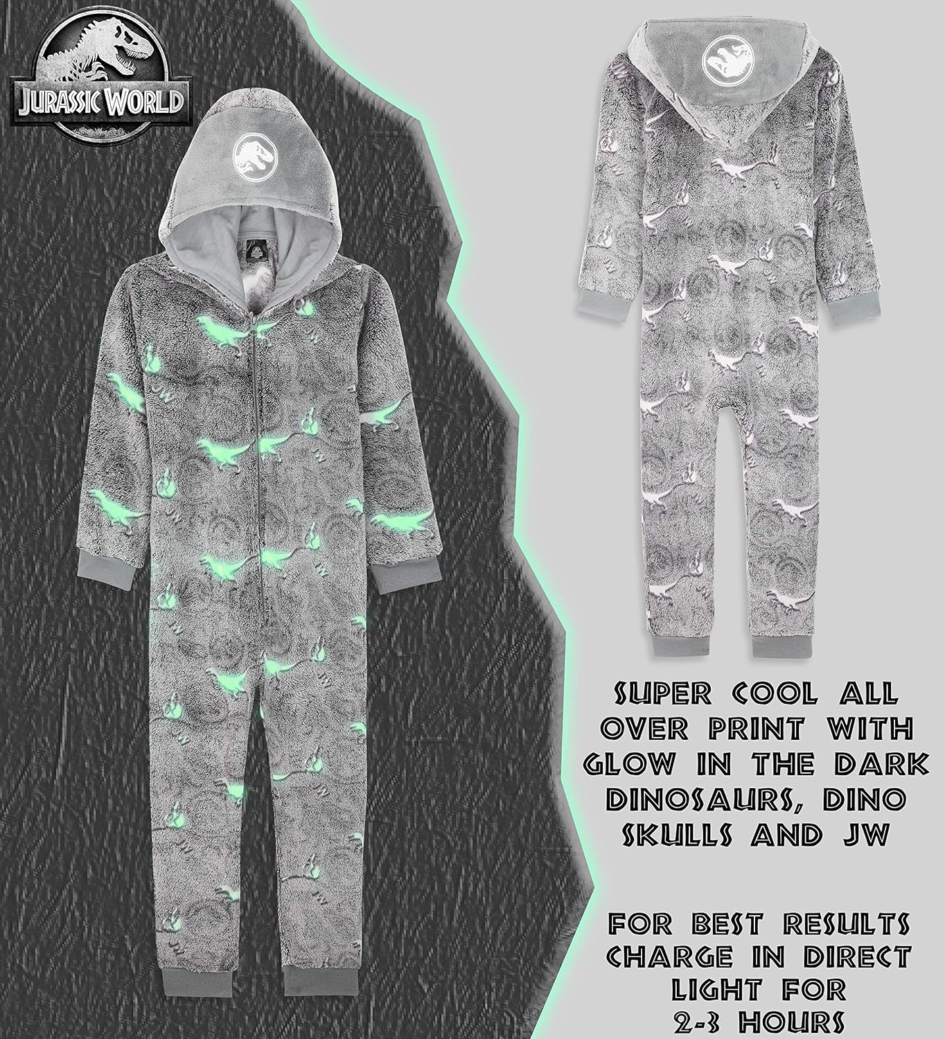 Jurassic World Onesie Jongen en Meisjes, Eendelige Pyjama met Glow in the Dark Dinosaurus
