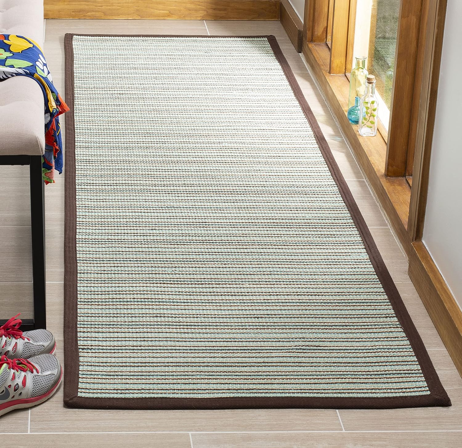 SAFAVIEH Natural Fiber Collection Runner Rug - 2'6" x 8', Teal & Brown, Border Stripe Sisal Design, Easy Care, Ideal for High Traffic Areas in Living Room, Bedroom (NF132C)