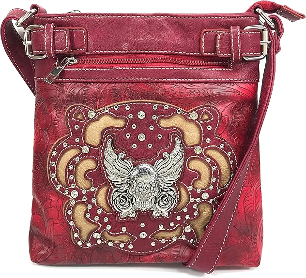 Winged Sugar Skull Roses Crossbody Messenger Purse Concealed Carry