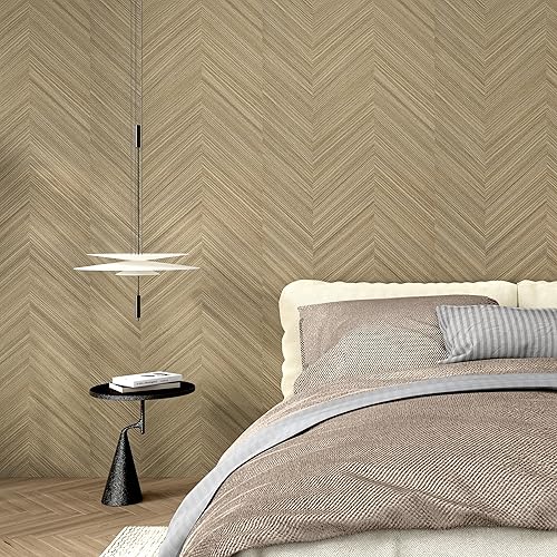 Miniatura 7 de Wallercity Papel tapiz de espiga marrón de 24 x 118 pulgadas, papel tapiz de rayas modernas, papel tapiz de grano de madera para gabinetes, papel de