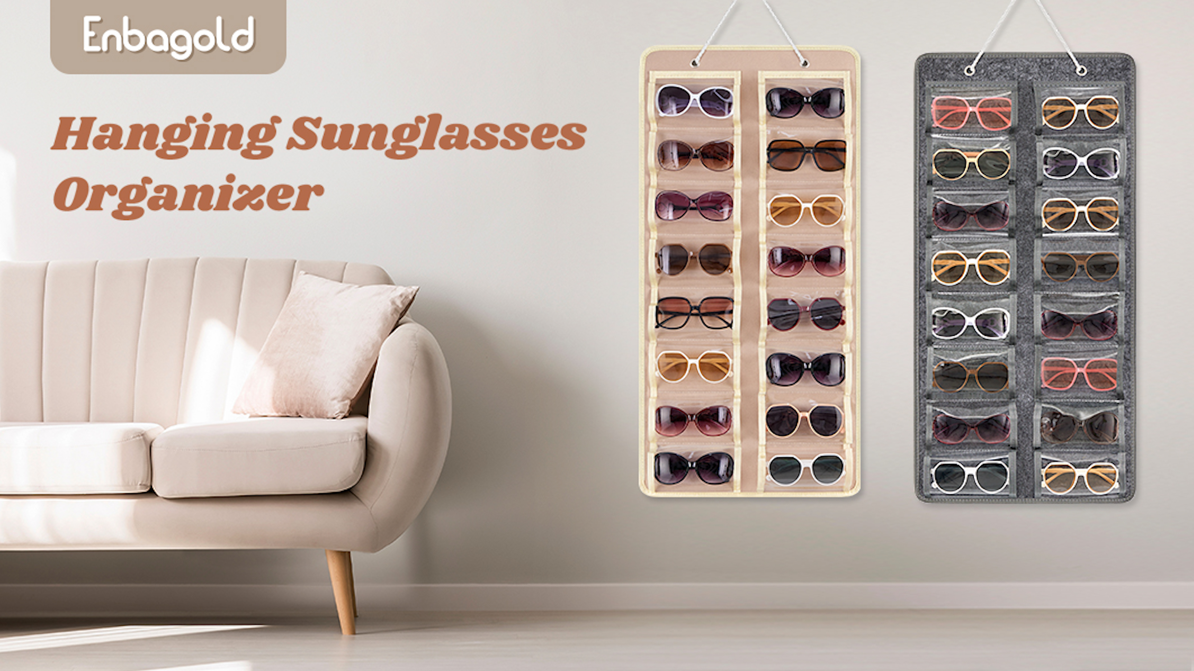 Support à lunettes pour 15 compartiments de rangement - Organiseur mural avec emplacements pour crochets - Support de lunettes en feutre pour lunettes de soleil - Gris
