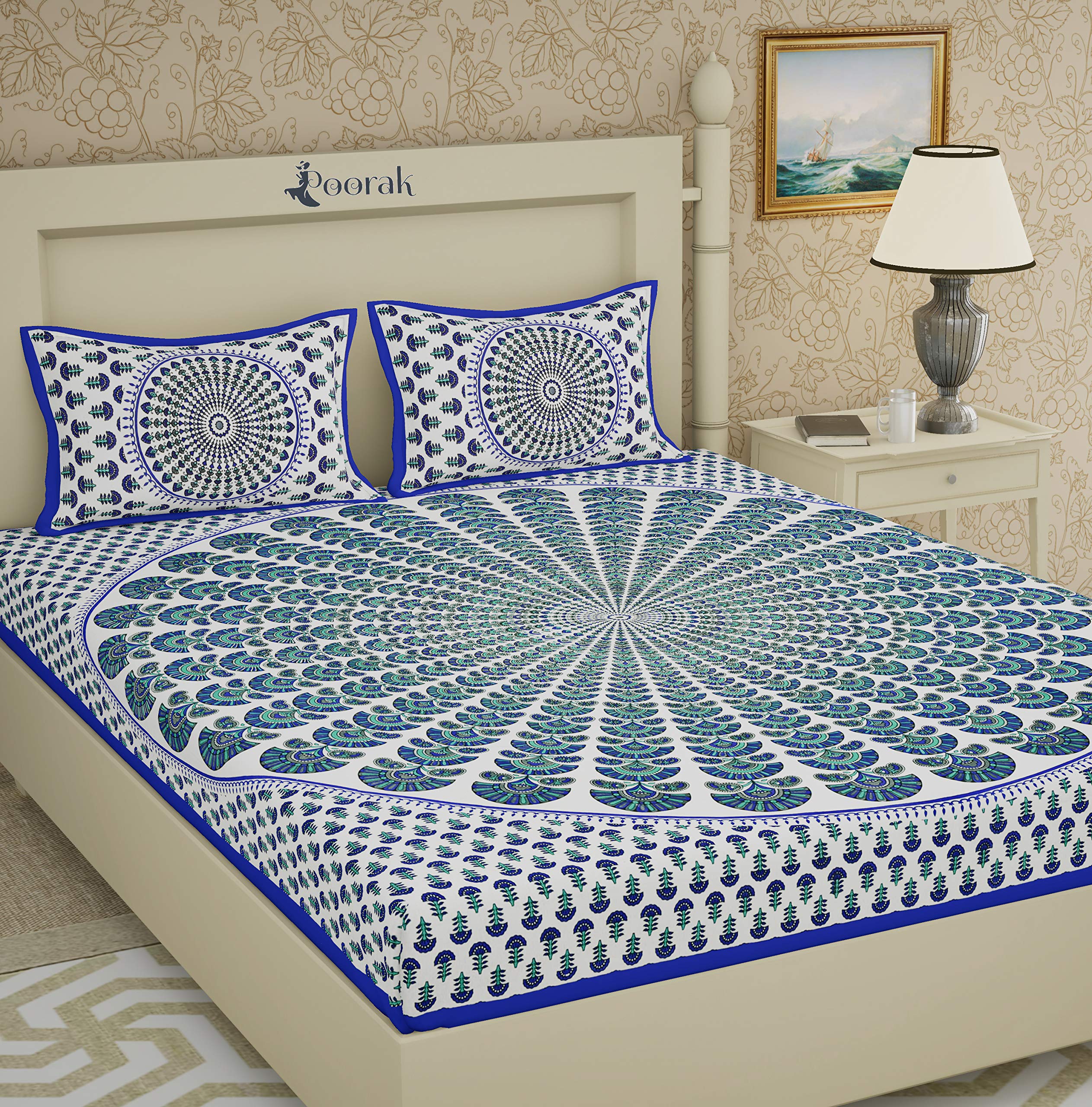 Pugnaa King Size Double bedsheet with Pillow Cover Cotton - Chakra Blue Bad Sheet , Size -7.65 ft x 6.9 ft