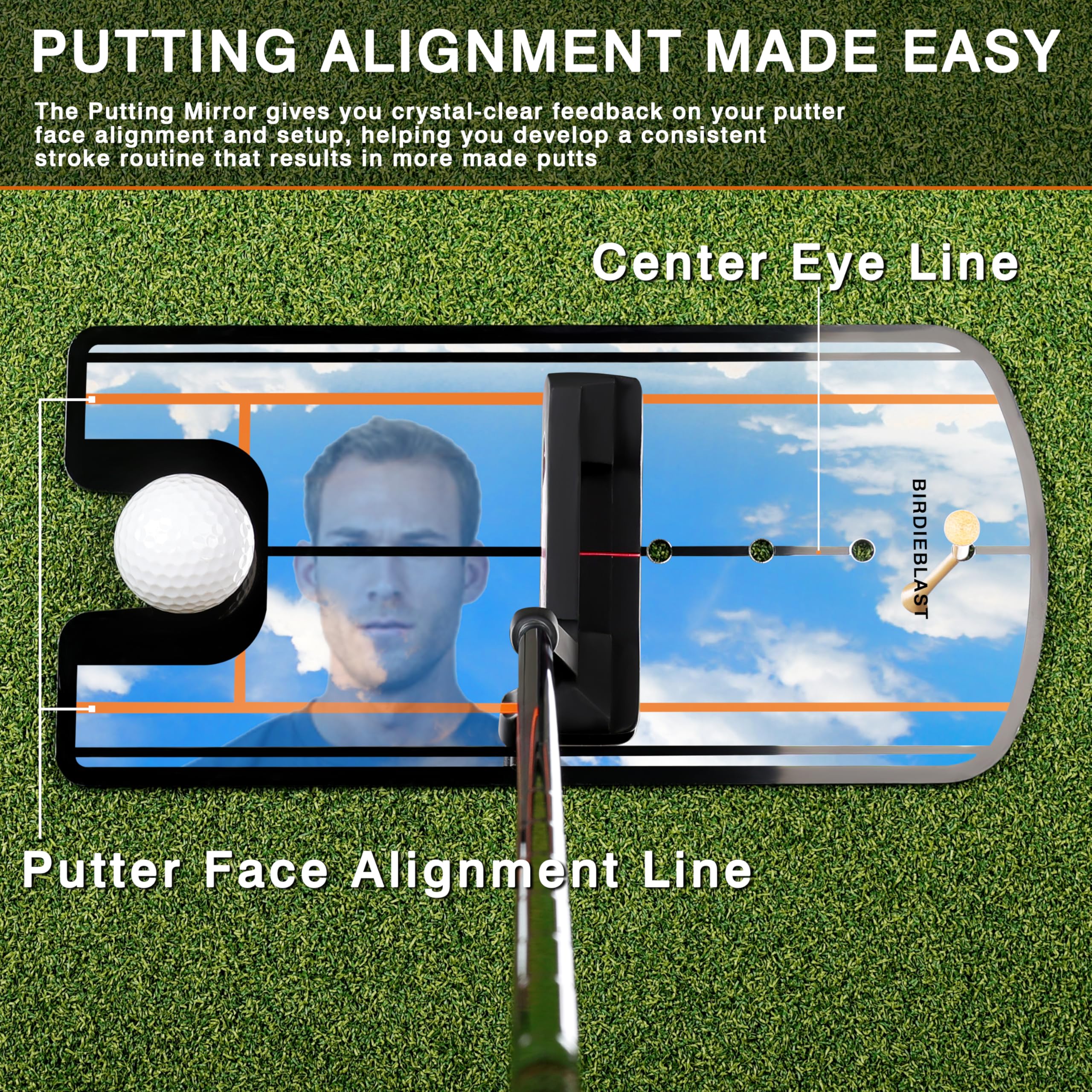 BIRDIEBLAST Golf Putting Mirror, Putting Mirror Training Aid for Golf with Putter Line,Putting Mirror for Golf Putting Practice for Beginners (Putting Alignment Mirror), Black