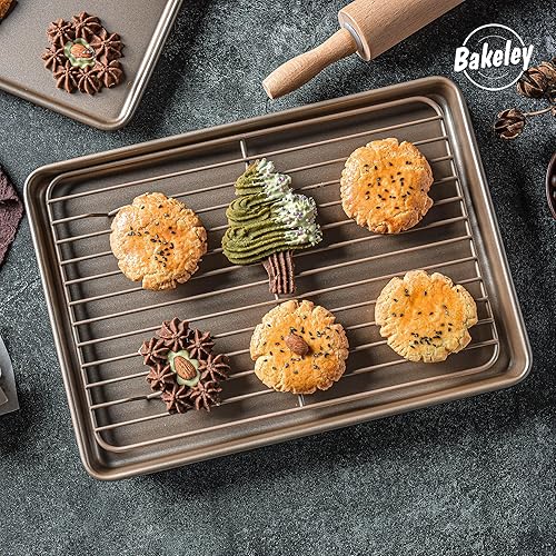 Miniatura 5 de Bandeja para hornear de 13 pulgadas con estante, sartén rectangular poco profunda antiadherente con rejilla de alambre para hornear en horno,