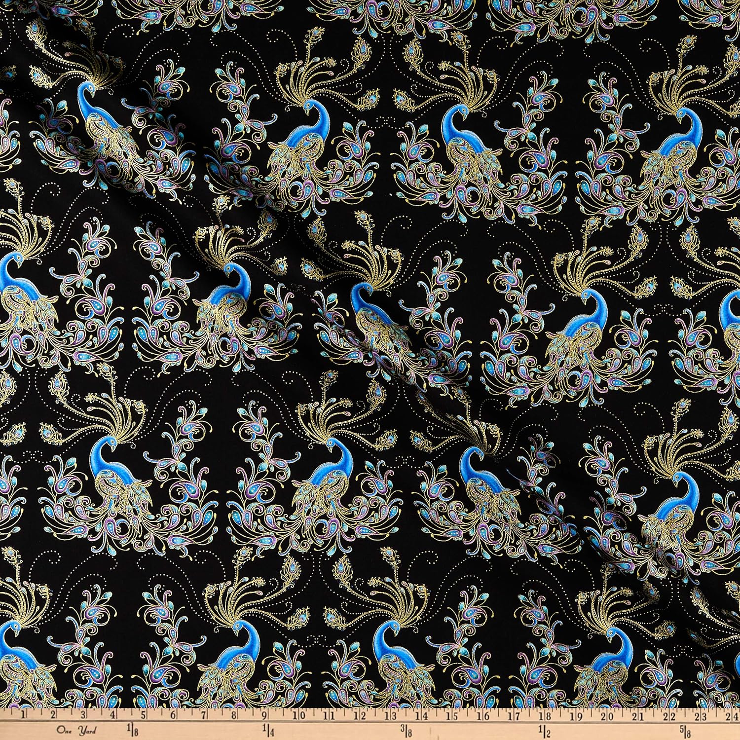 Benartex Peacock Flourish Double Exposure Metallic Black