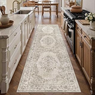 PureCozy 2x8 Washable Runner Rug Kitchen Cream Beige Vintage Long Carpet