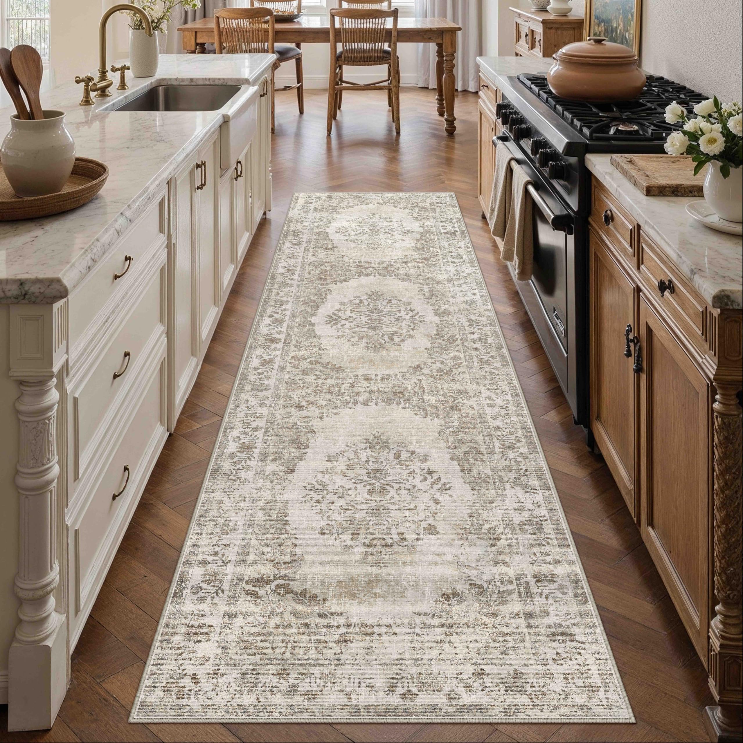 PureCozy 2'6"x8' Runner Rug Beige Washable Hallway Kitchen Bedroom Vintage Distressed Bathroom Non Slip Medallion Floral Carpet Indoor Retro Throw Floor Mat for Office Dining Laundry Living Room — image 1