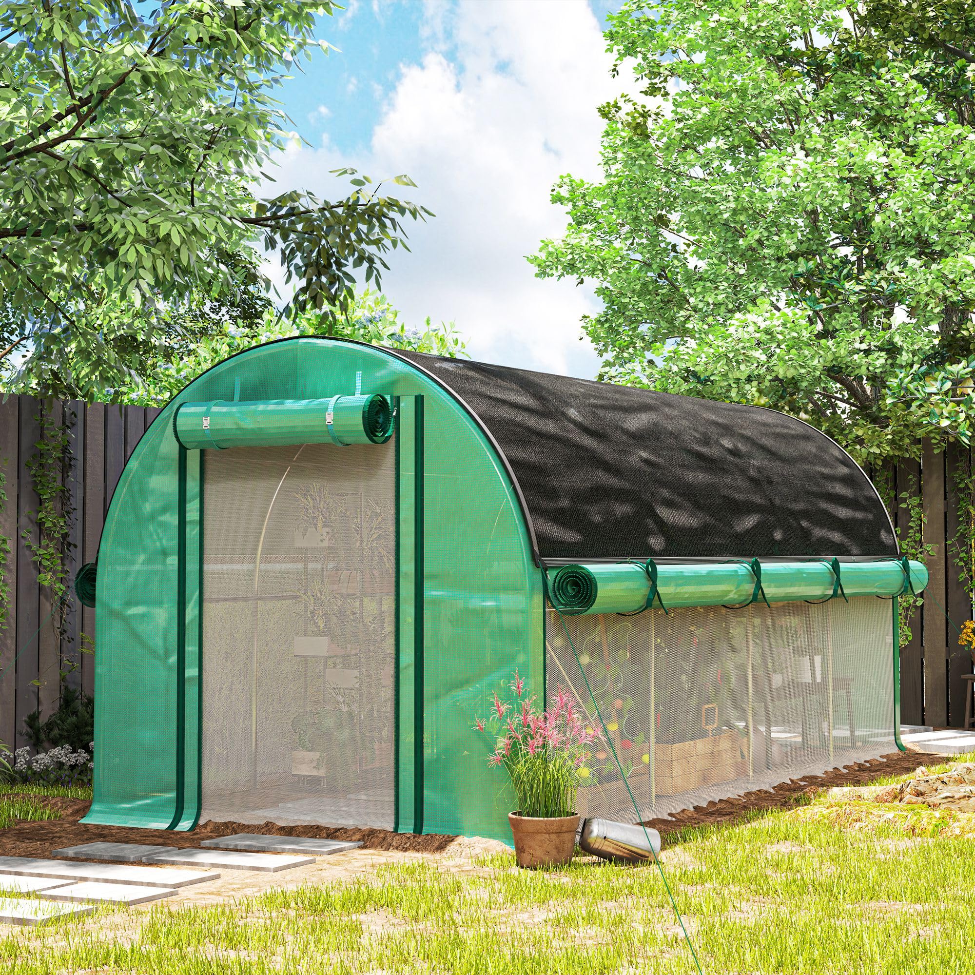 Outsunny Serra esterna 4,5x2x2m con copertura extra Tunnel Verde | Pareti laterali arrotolabili, 8 finestre a rete, doppia porta arrotolabile, per giardino patio