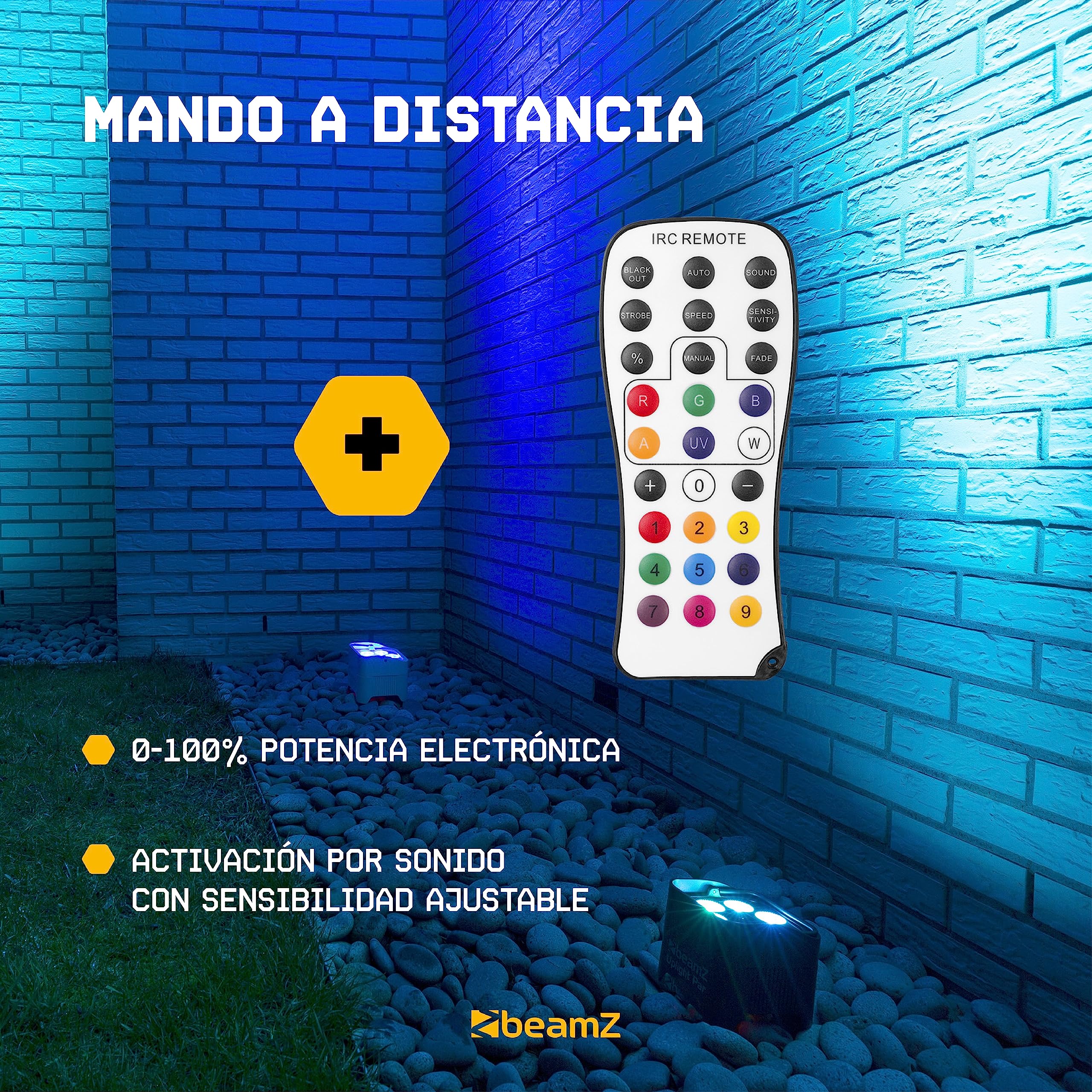 BeamZ BBP90 – Foco Par Led a batería 4 x 4W RGB-UV, hasta 20h, recarga 3h, sin ventilador silencioso, mando IR, DMX 7ch RJ45 con adaptador XLR, 1077lx, 24°, IP20, DJ pro – Color negro