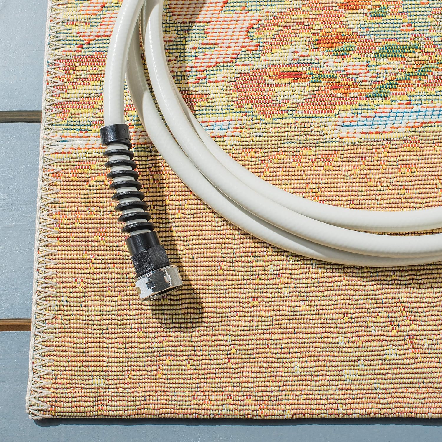 SAFAVIEH Washable Rug Outdoor Barbados Collection - 5'3" x 7'6", Gold & Blue, Non-Shedding & Easy to Clean, Ideal for Patio, Backyard, Mudroom (BAR515A)